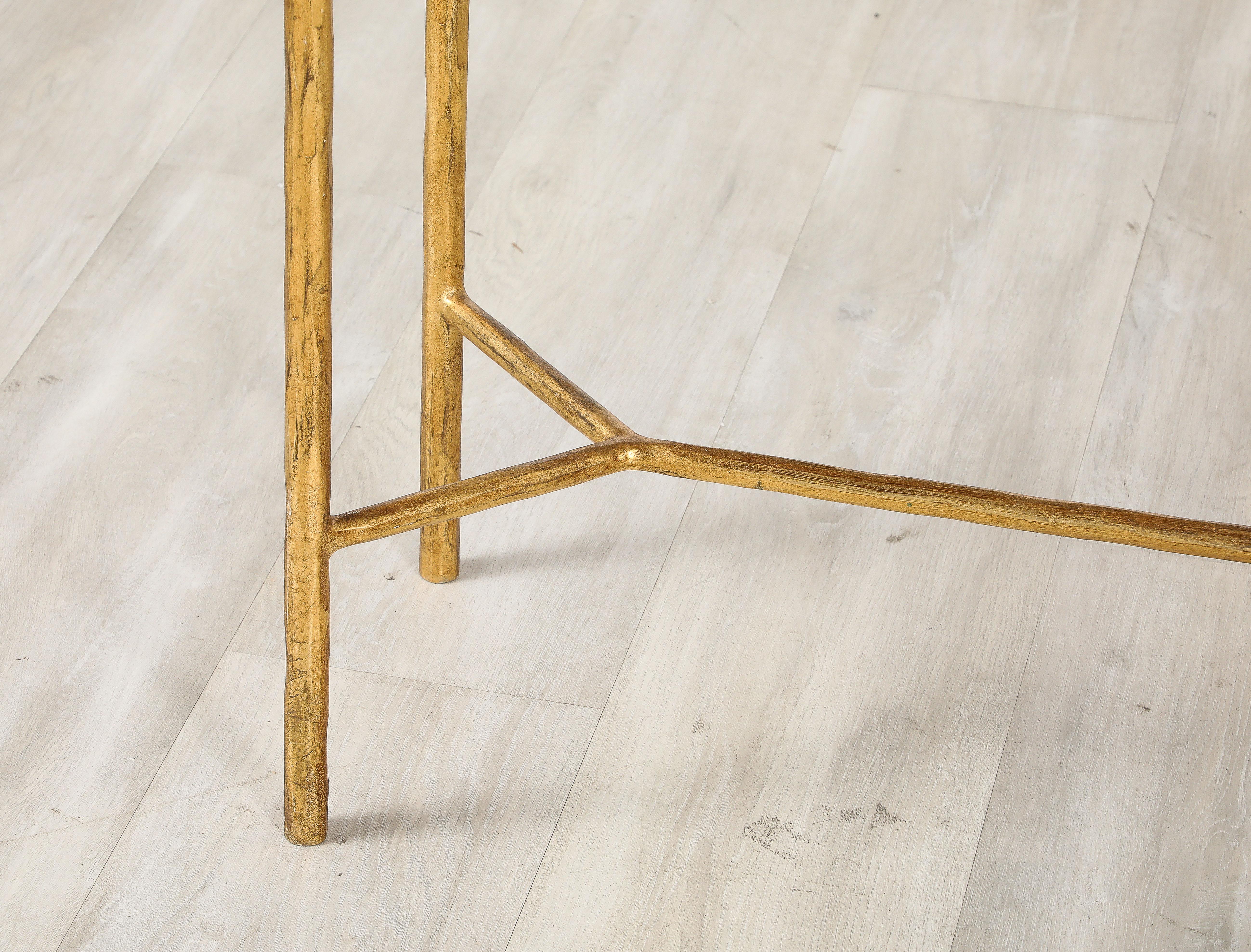 Mid-Century Modern Pair of Italian 1970's Gilded Iron and Travertine Console Tables  For Sale