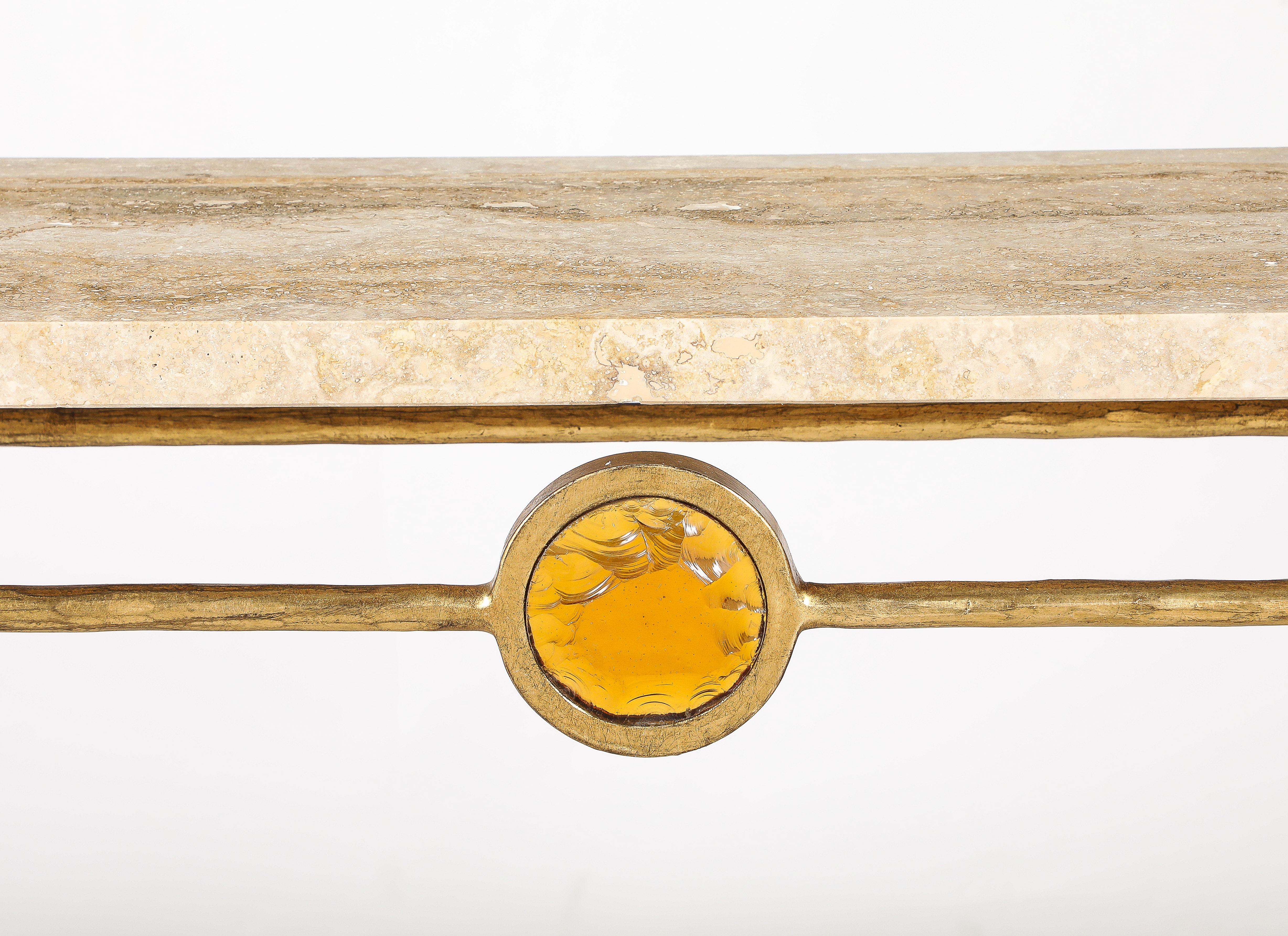 Gilt Pair of Italian 1970's Gilded Iron and Travertine Console Tables  For Sale