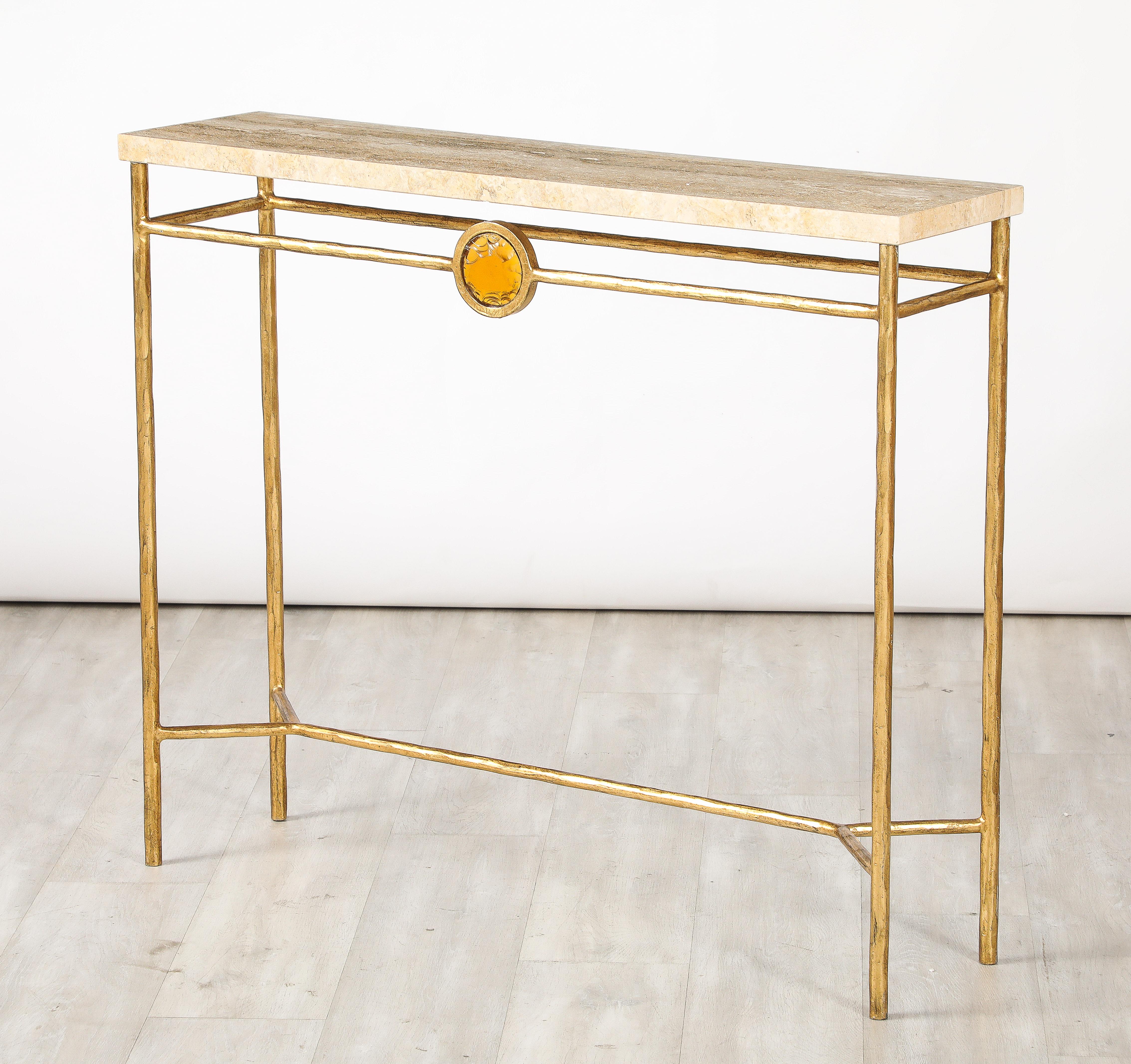 Pair of Italian 1970's Gilded Iron and Travertine Console Tables  In Good Condition For Sale In New York, NY