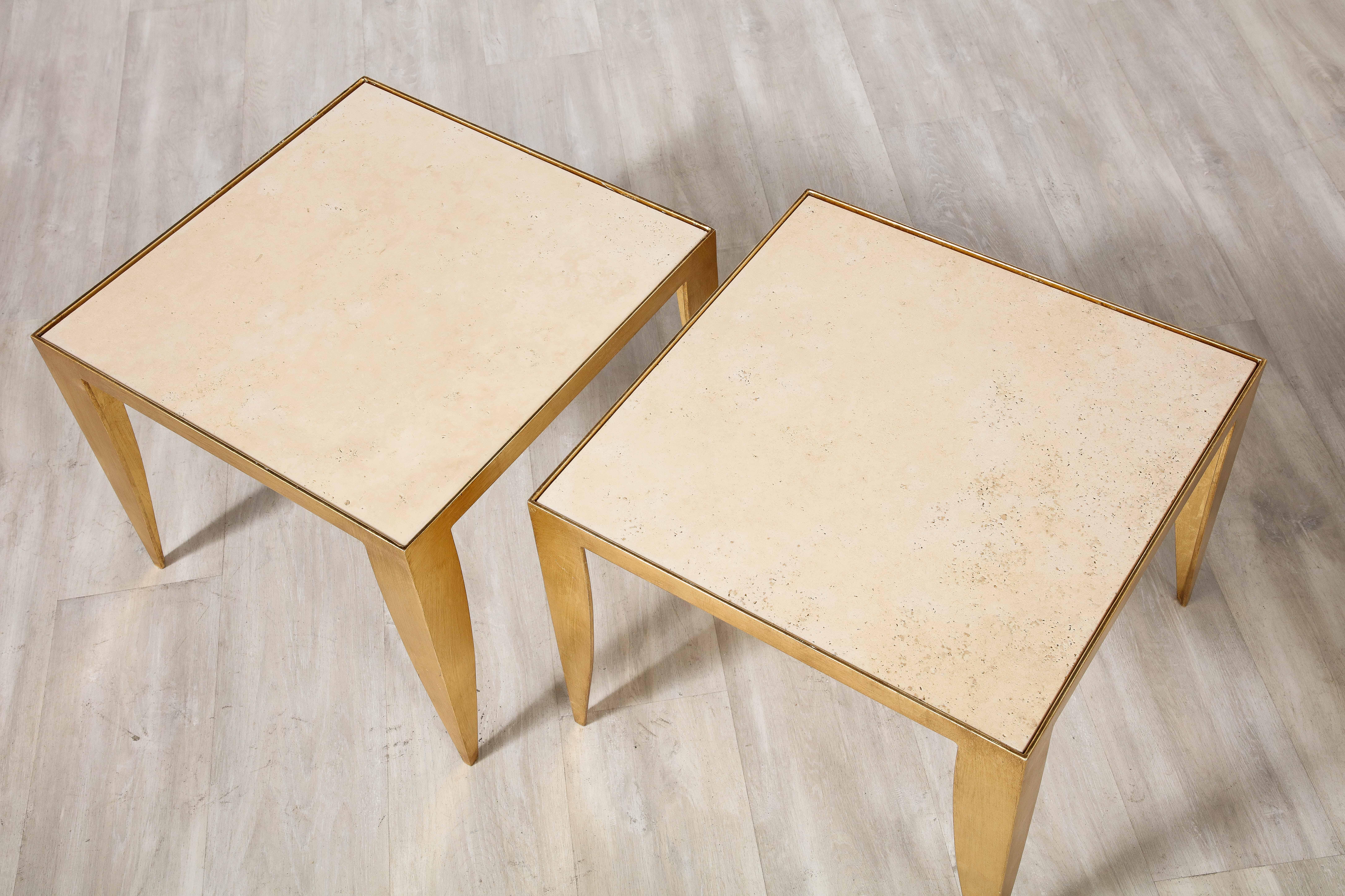 Pair of Italian 1970's Gilt Metal and Travertine Tables  For Sale 9