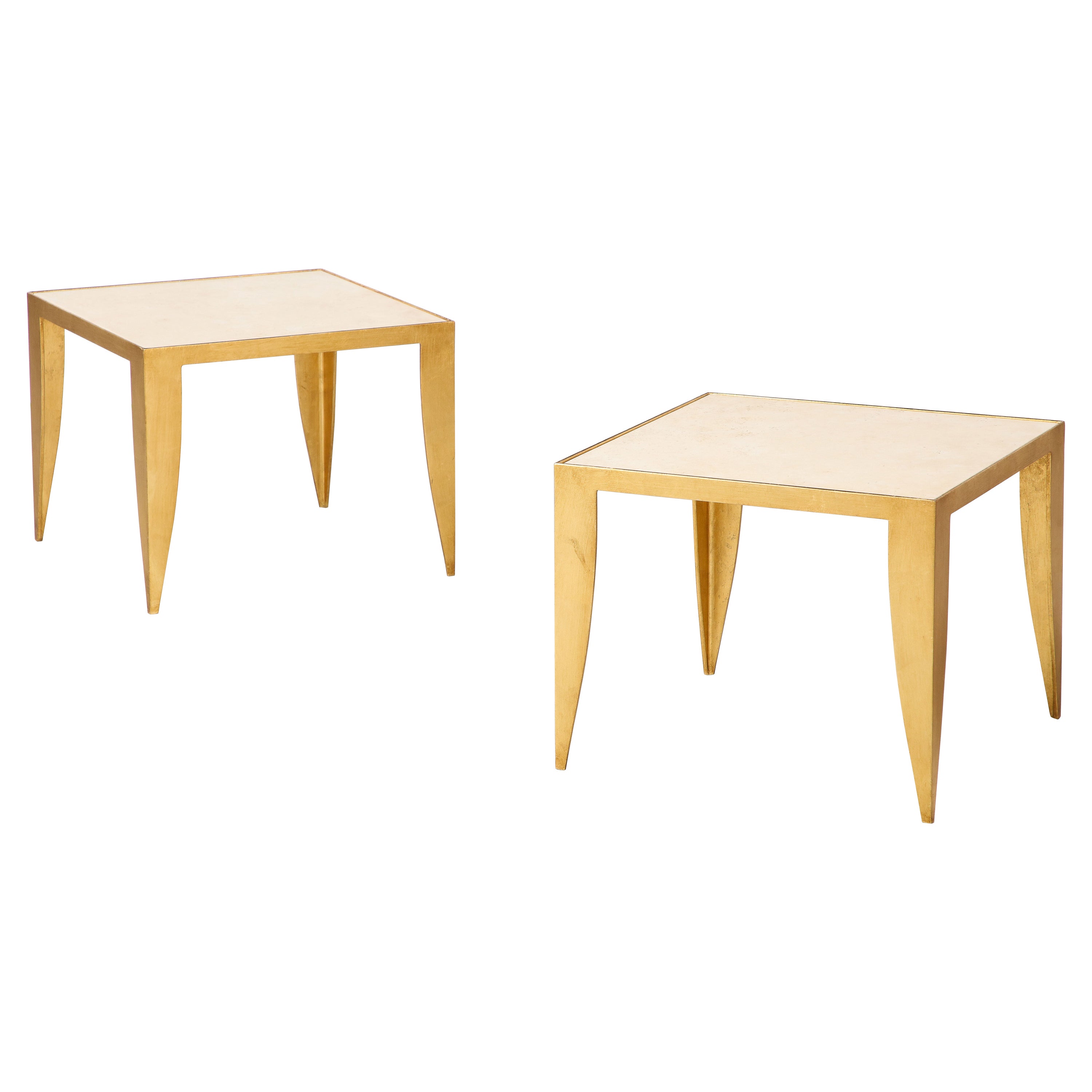 Pair of Italian 1970's Gilt Metal and Travertine Tables