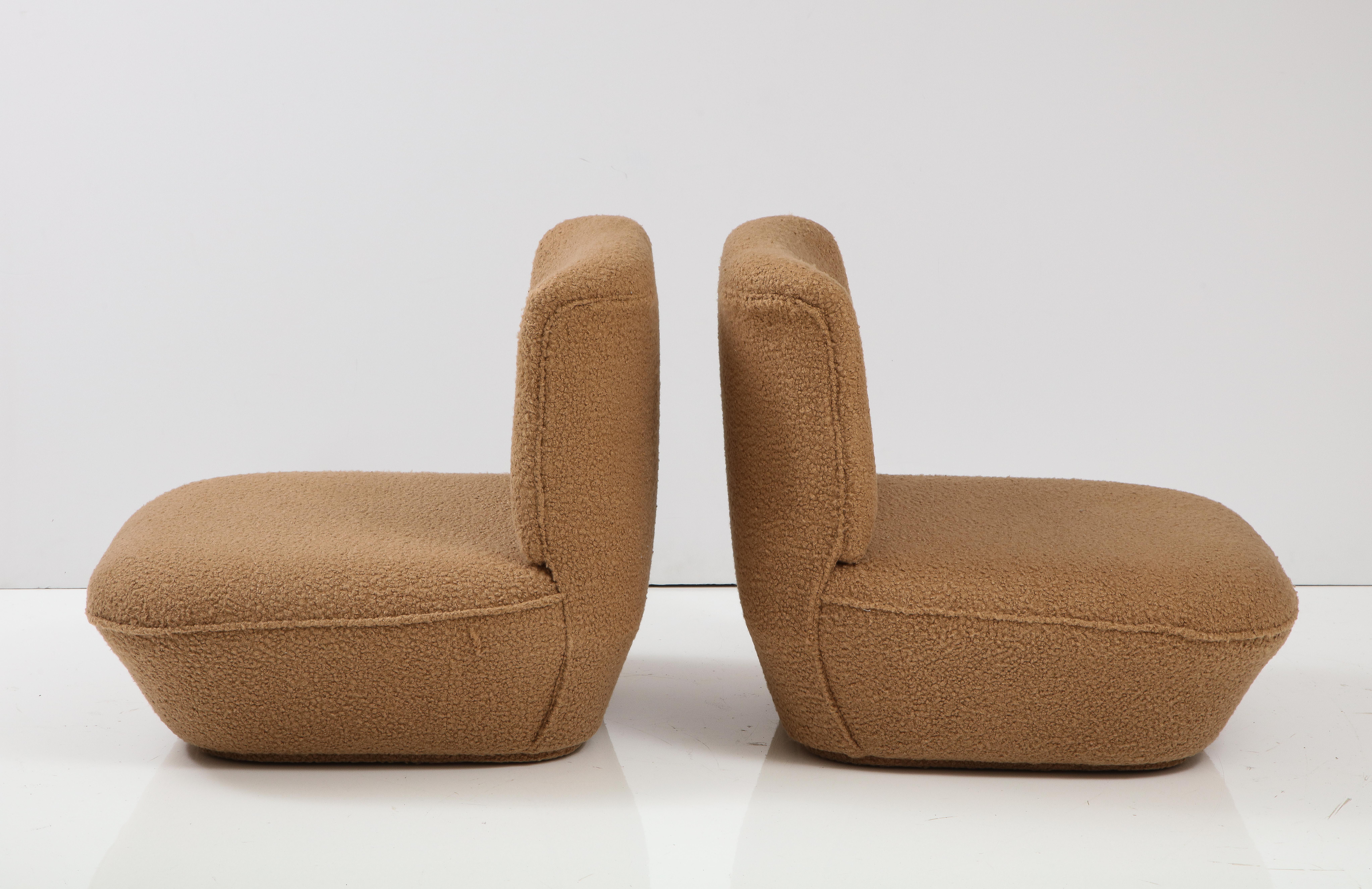 Late 20th Century Pair of Italian 1970's Low Slung Camel Boucle Lounge Chairs