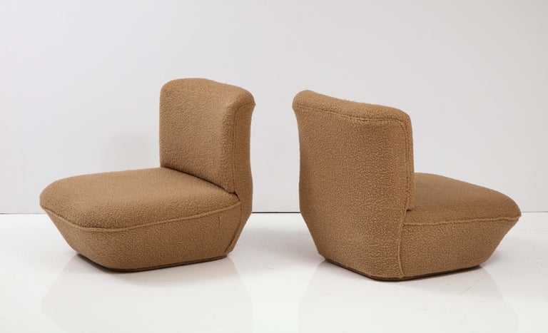 Pair of Italian 1970's Low Slung Camel Boucle Lounge Chairs For Sale 1