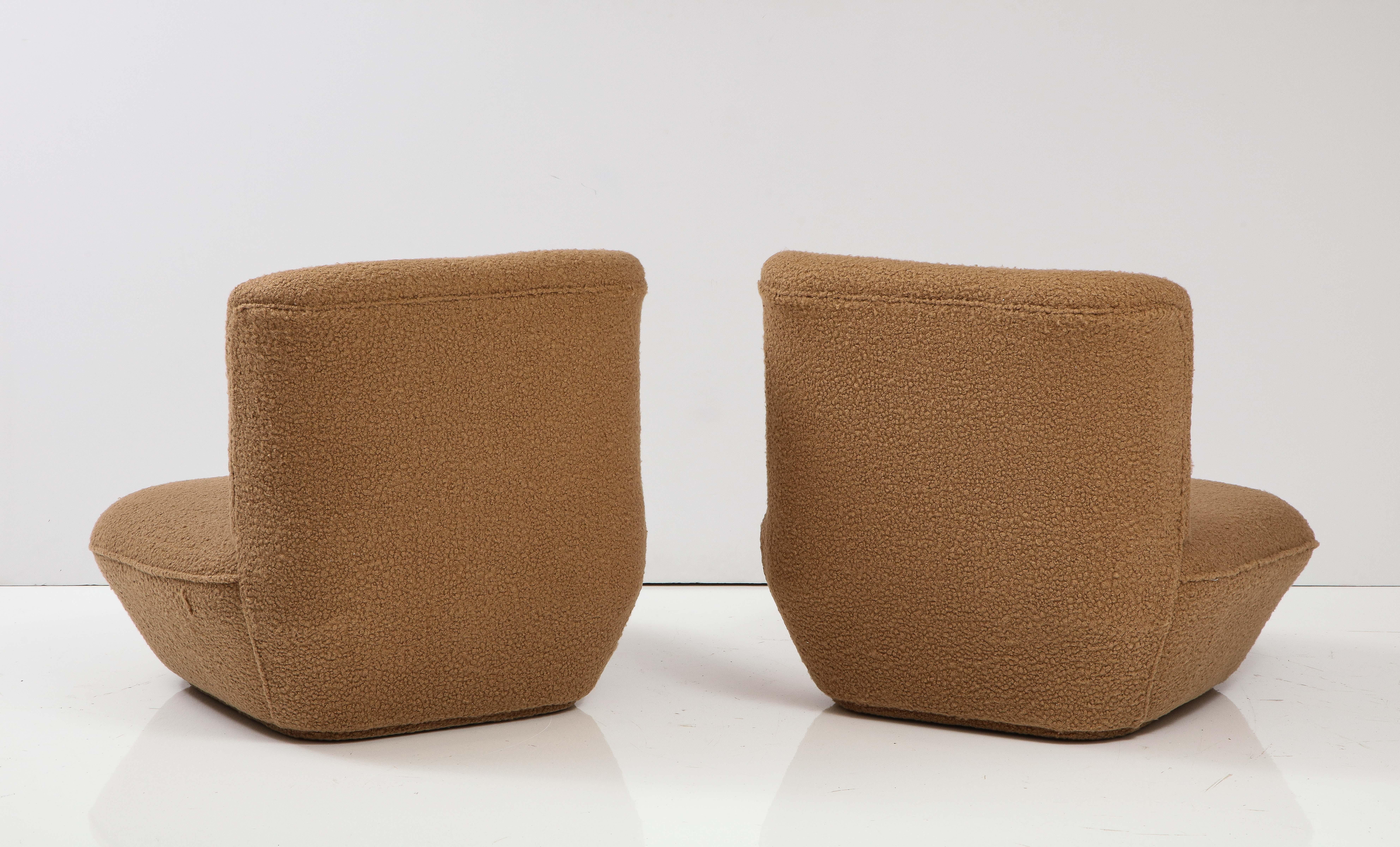 Pair of Italian 1970's Low Slung Camel Boucle Lounge Chairs 1