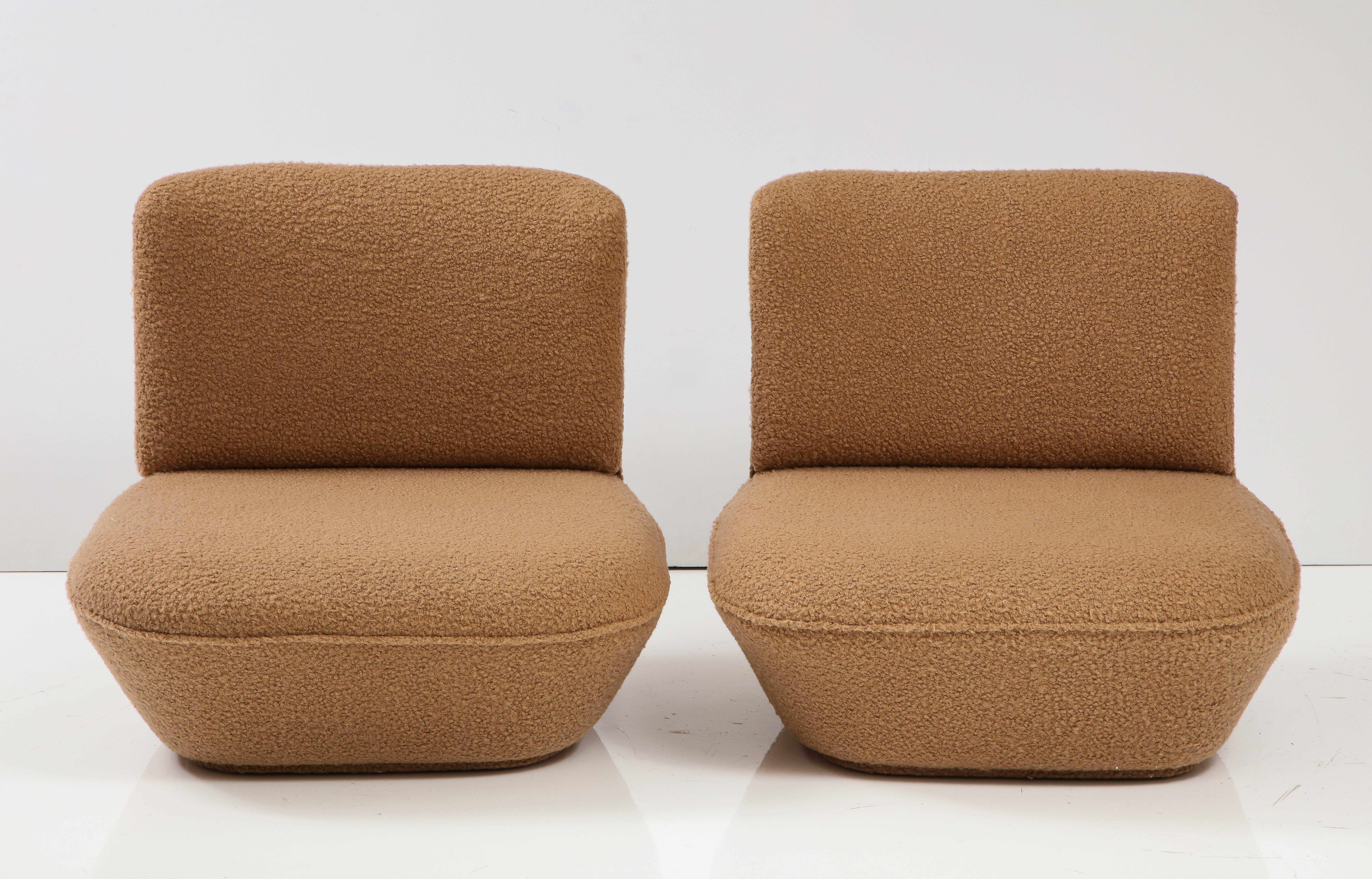 Pair of Italian 1970's Low Slung Camel Boucle Lounge Chairs 2