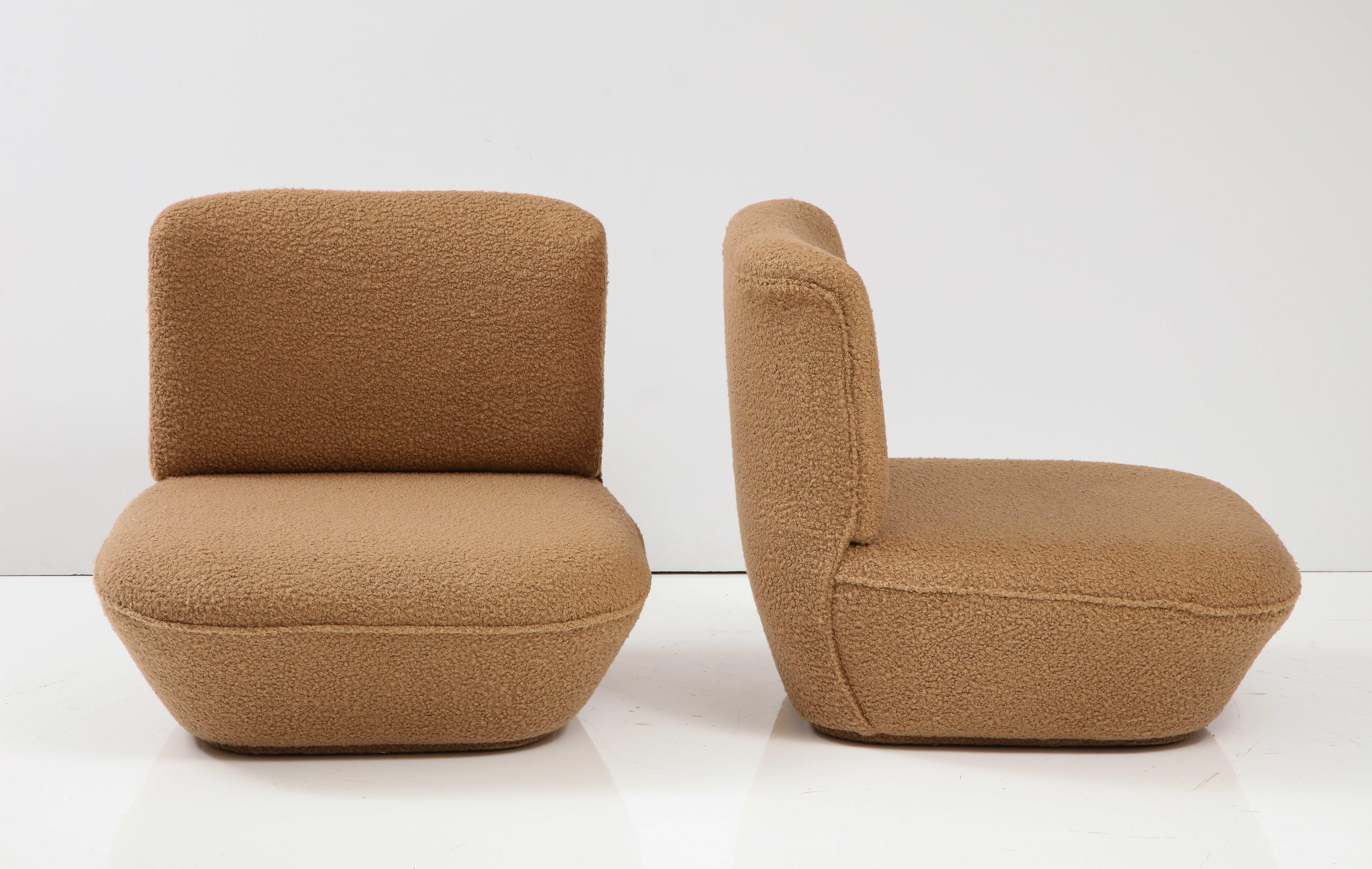 Pair of Italian 1970's Low Slung Camel Boucle Lounge Chairs 3