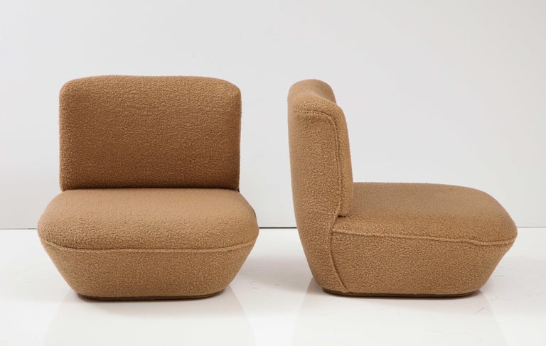 Pair of Italian 1970's Low Slung Camel Boucle Lounge Chairs For Sale 4
