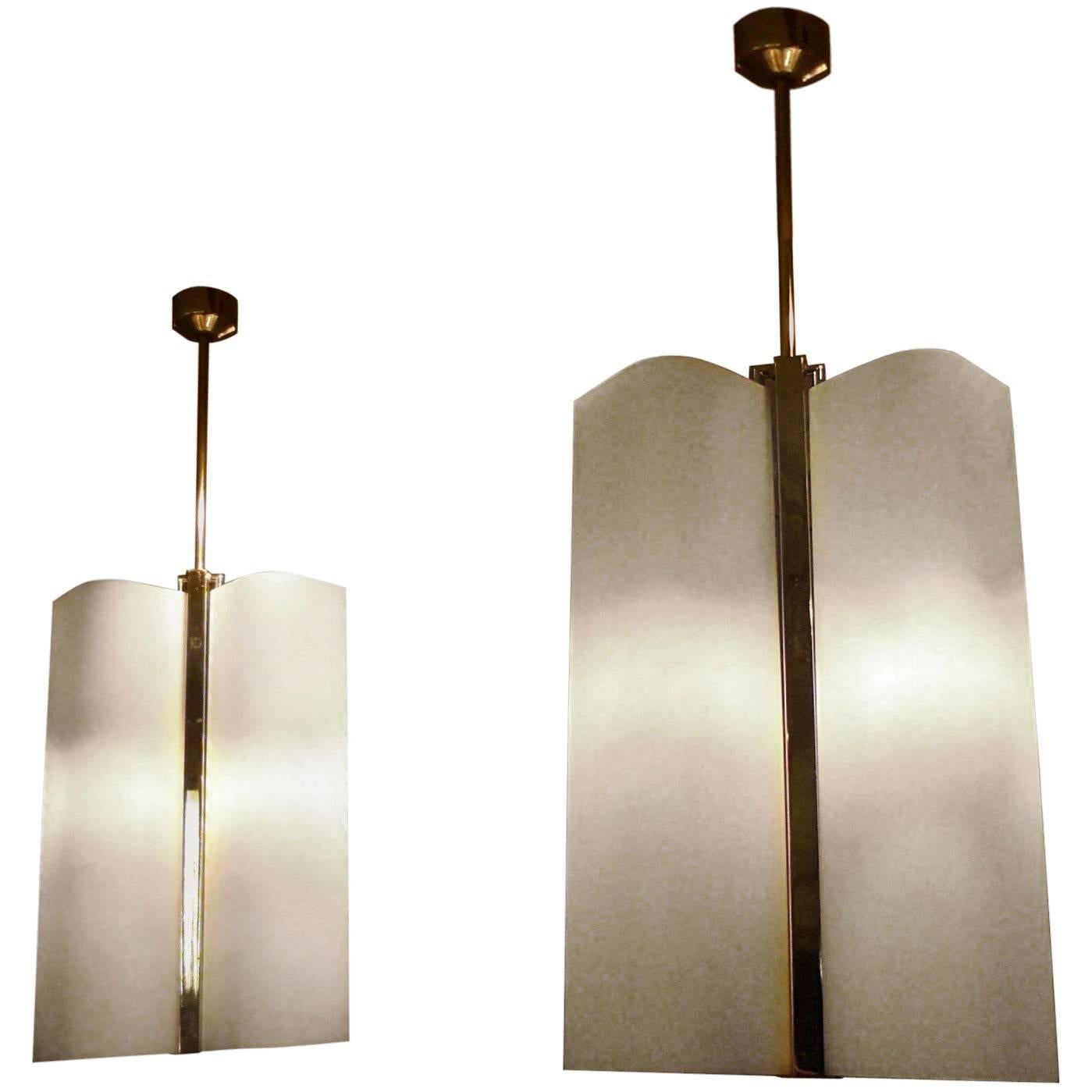 Pair of Italian, 1970s Metal and Glass Chandeliers