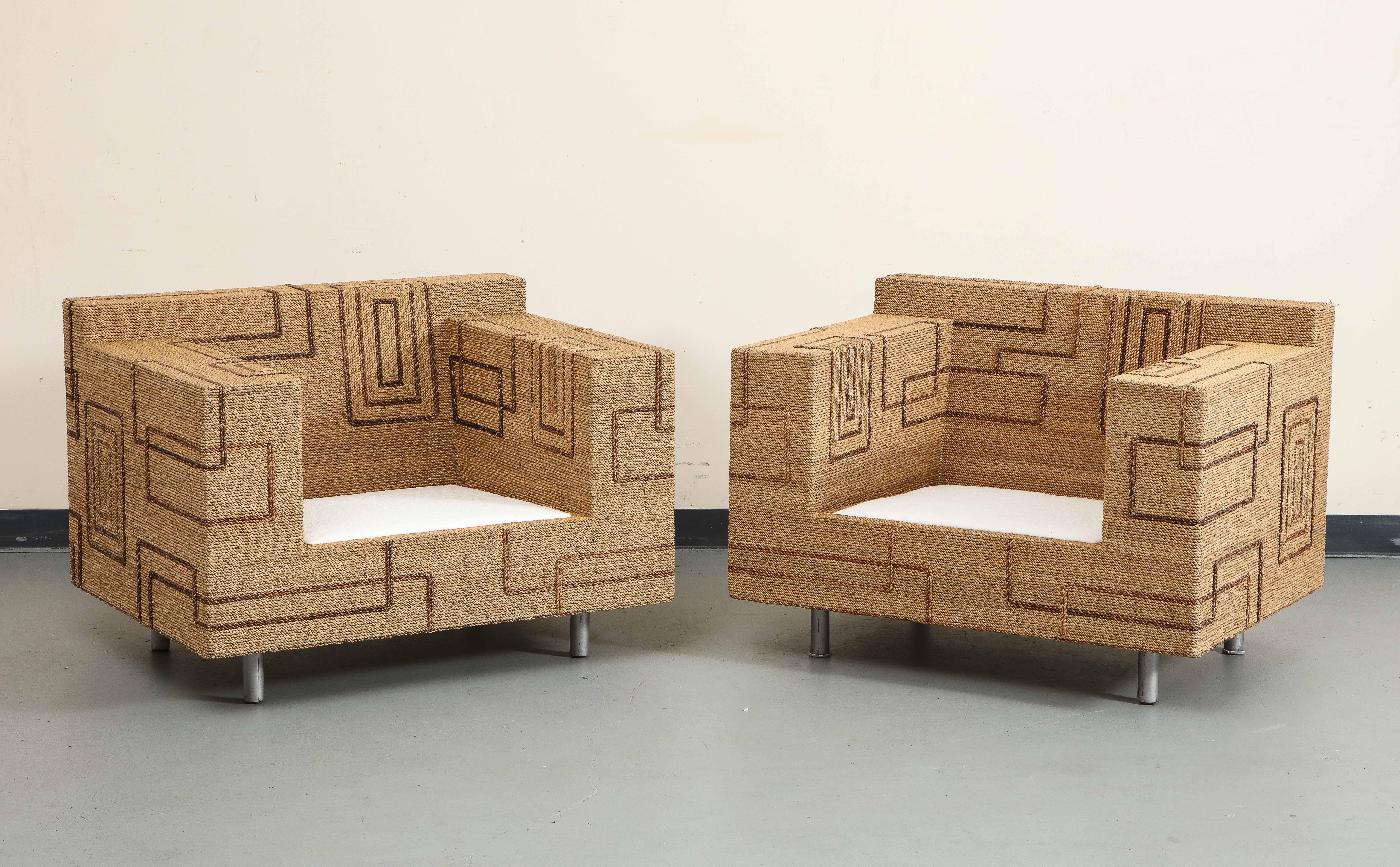 Pair of Italian 1970s Rope-Inlaid Lounge Chairs with New Cushions For Sale 7