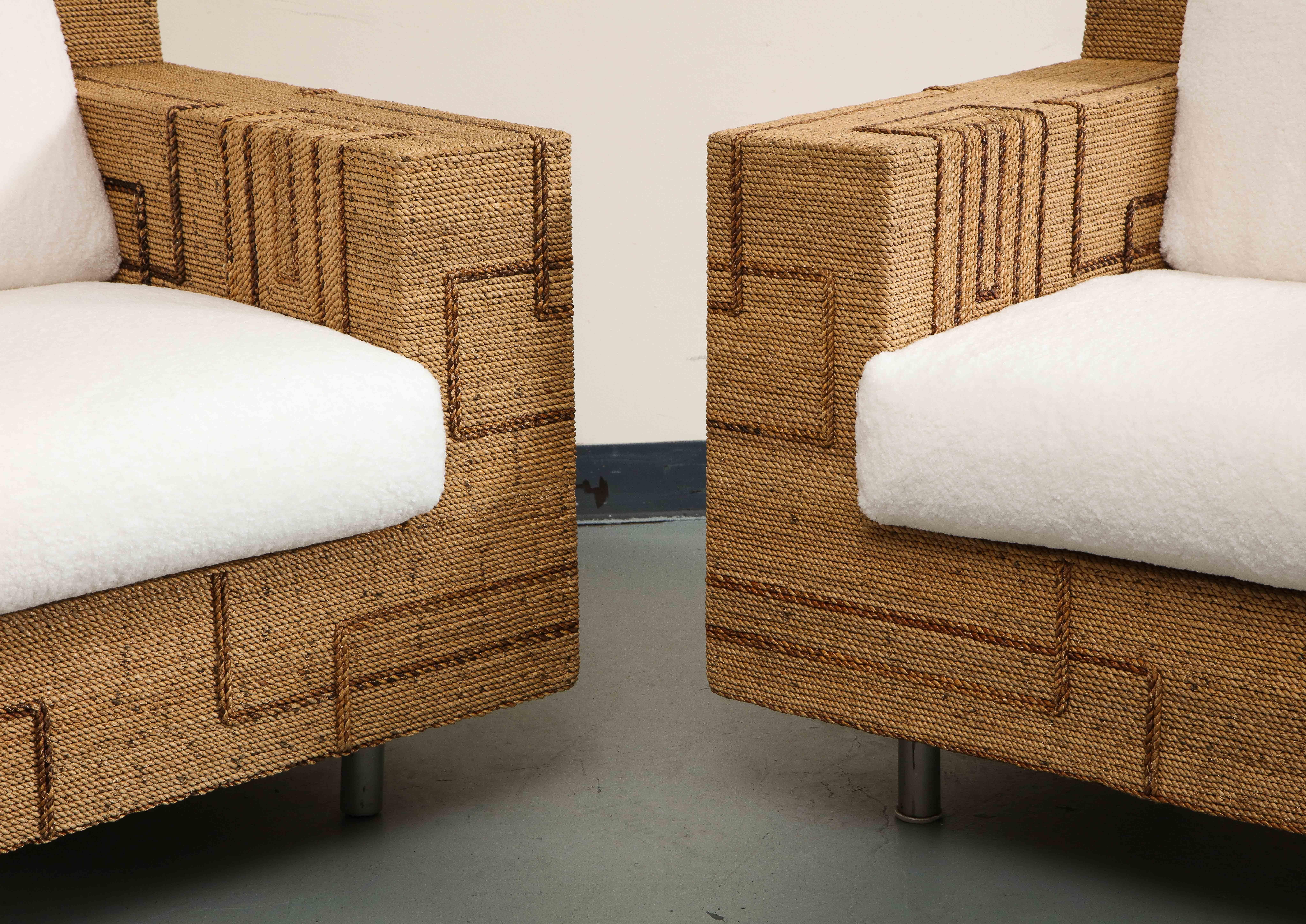 Pair of Italian 1970s Rope-Inlaid Lounge Chairs with New Cushions 9