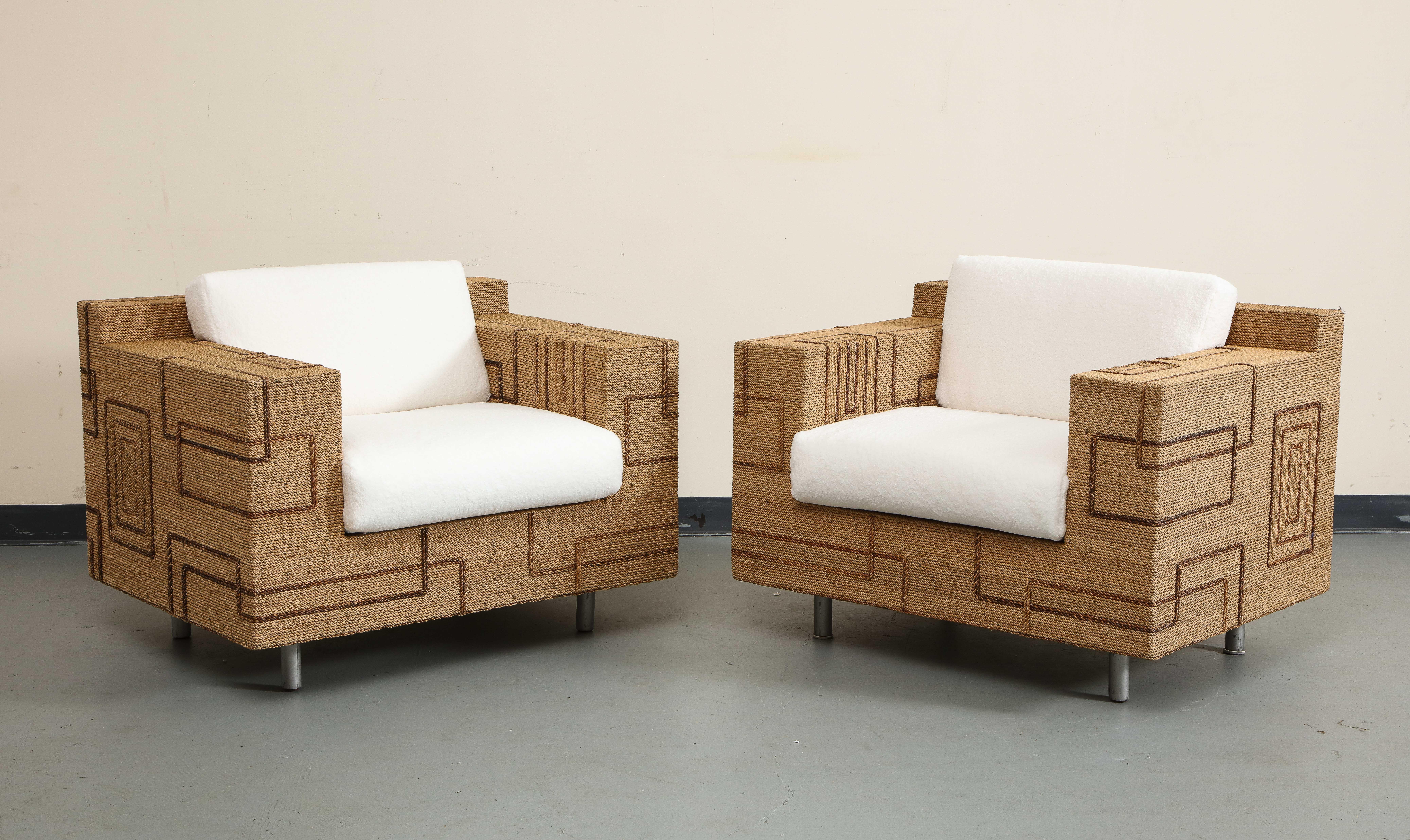 Inlay Pair of Italian 1970s Rope-Inlaid Lounge Chairs with New Cushions For Sale