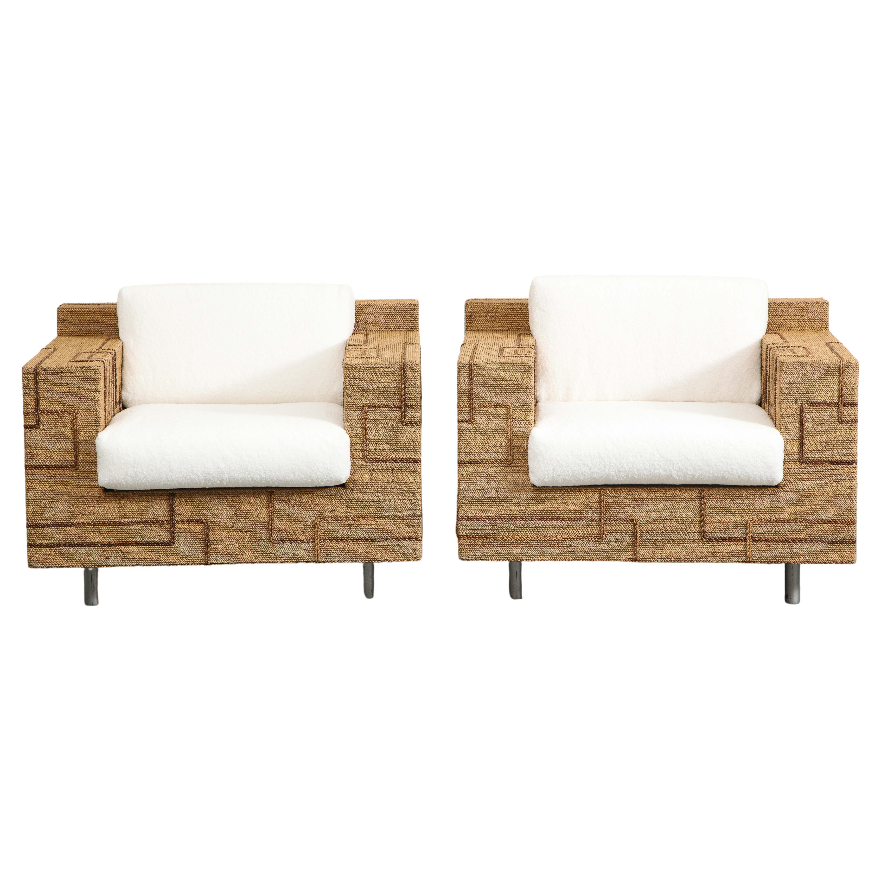 Pair of Italian 1970s Rope-Inlaid Lounge Chairs with New Cushions