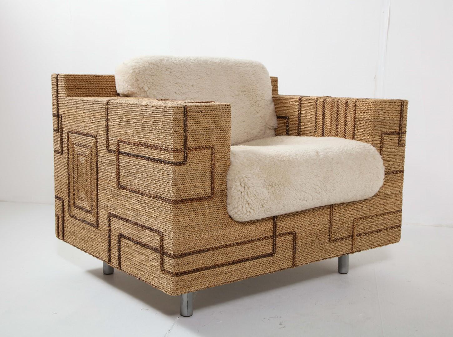 Pair of Italian 1970s Rope-Inlaid Lounge Chairs with New Shearling Cushions 5