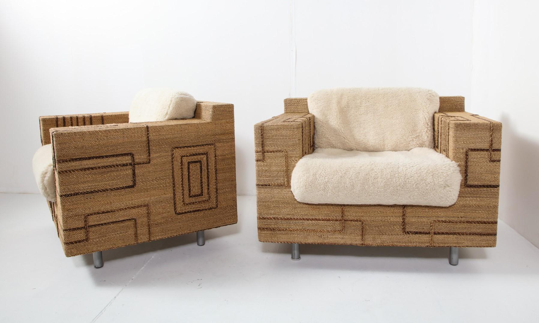 Pair of Italian 1970s Rope-Inlaid Lounge Chairs with New Shearling Cushions 7
