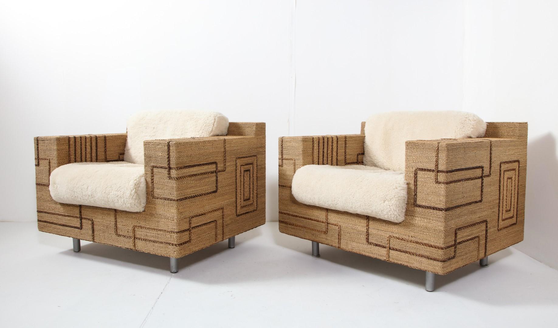 Pair of Italian 1970s Rope-Inlaid Lounge Chairs with New Shearling Cushions 8