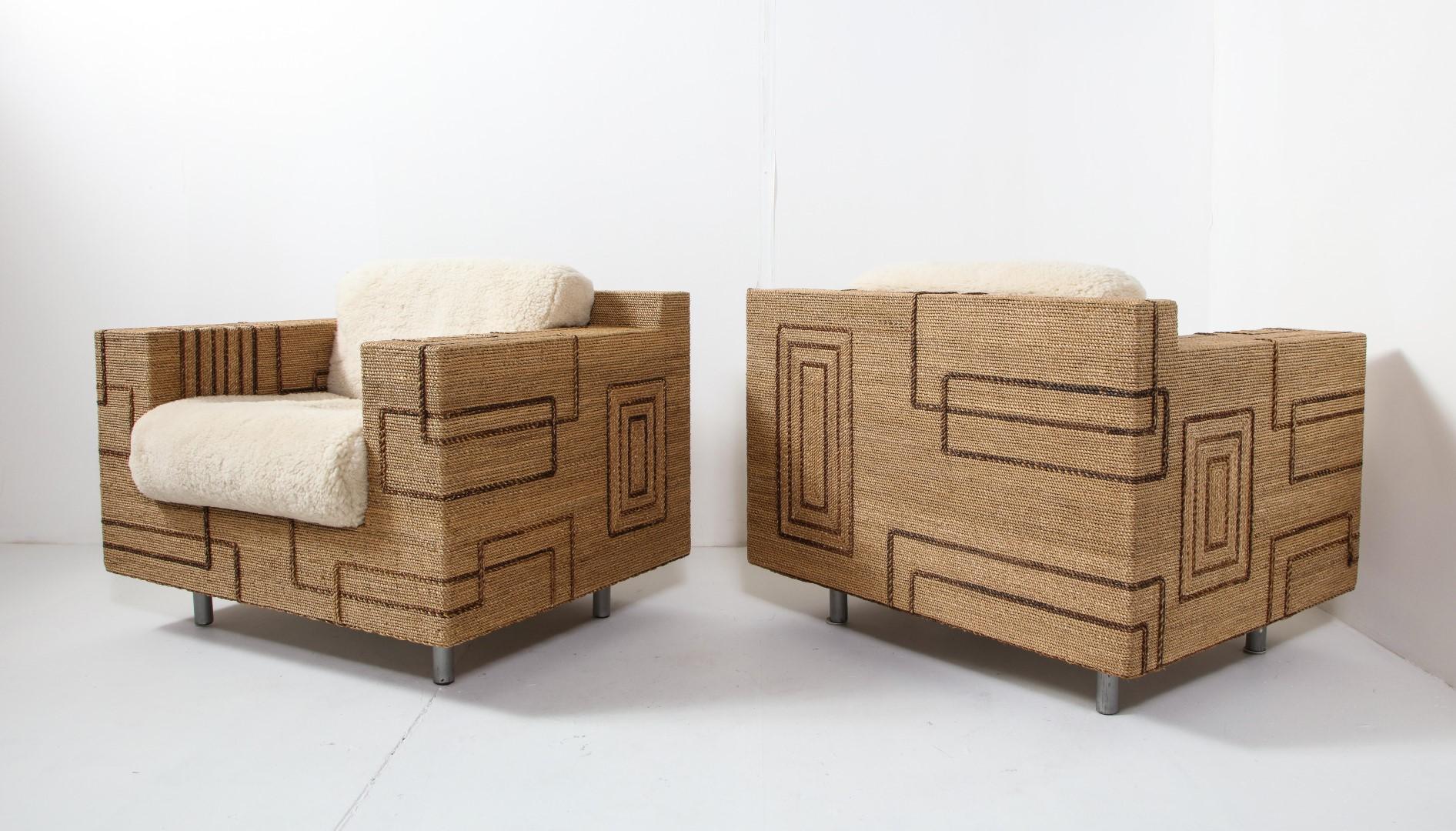 Pair of Italian 1970s Rope-Inlaid Lounge Chairs with New Shearling Cushions 9