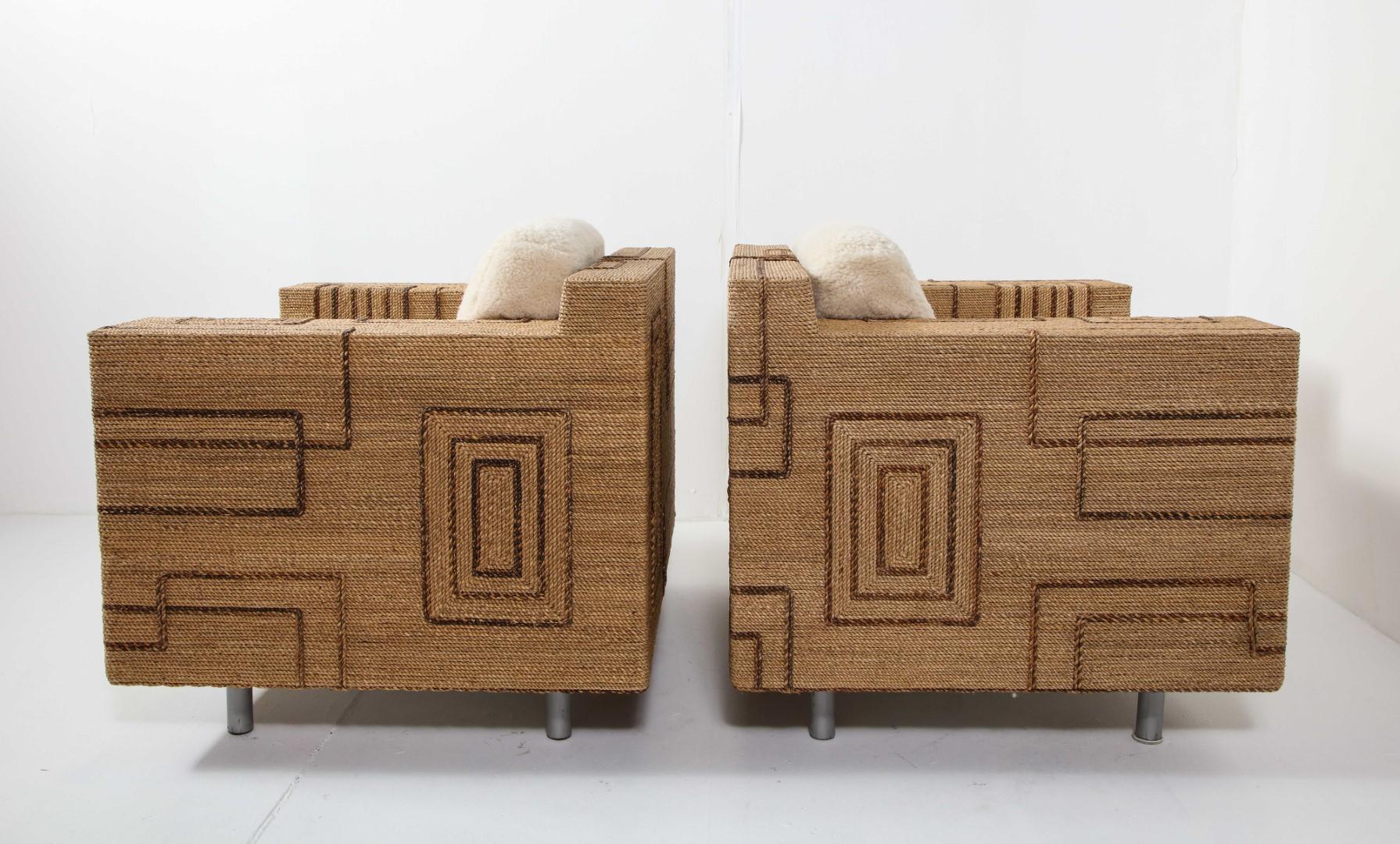 Pair of Italian 1970s Rope-Inlaid Lounge Chairs with New Shearling Cushions 10