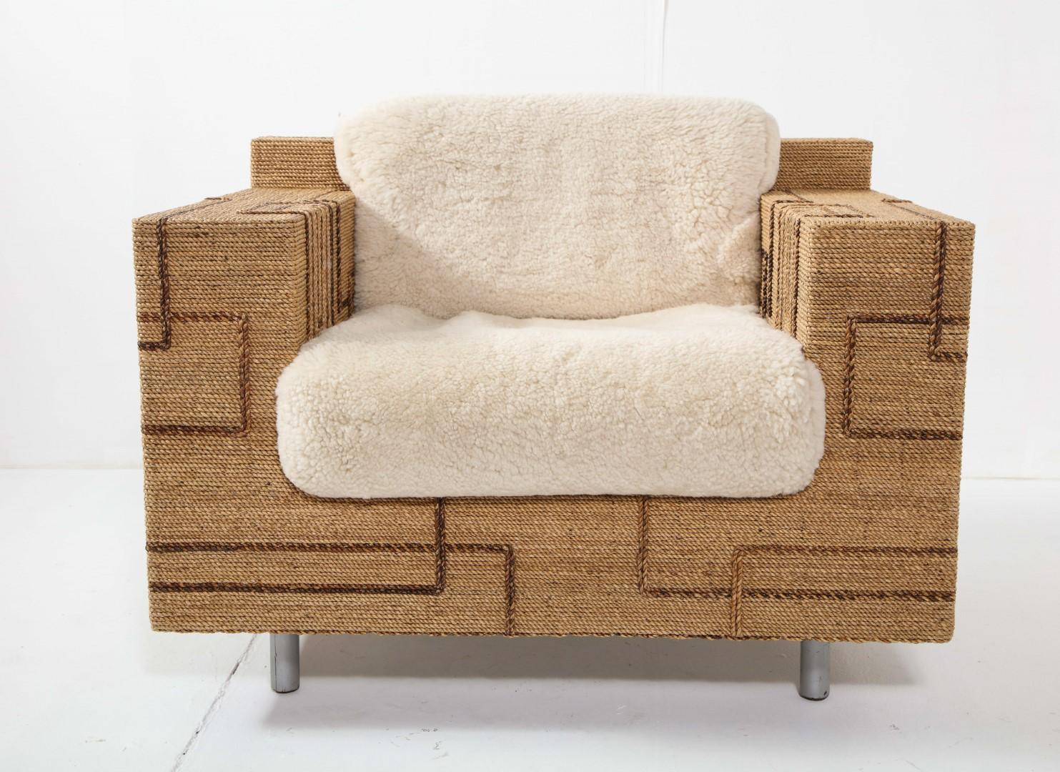 Mid-Century Modern Pair of Italian 1970s Rope-Inlaid Lounge Chairs with New Shearling Cushions