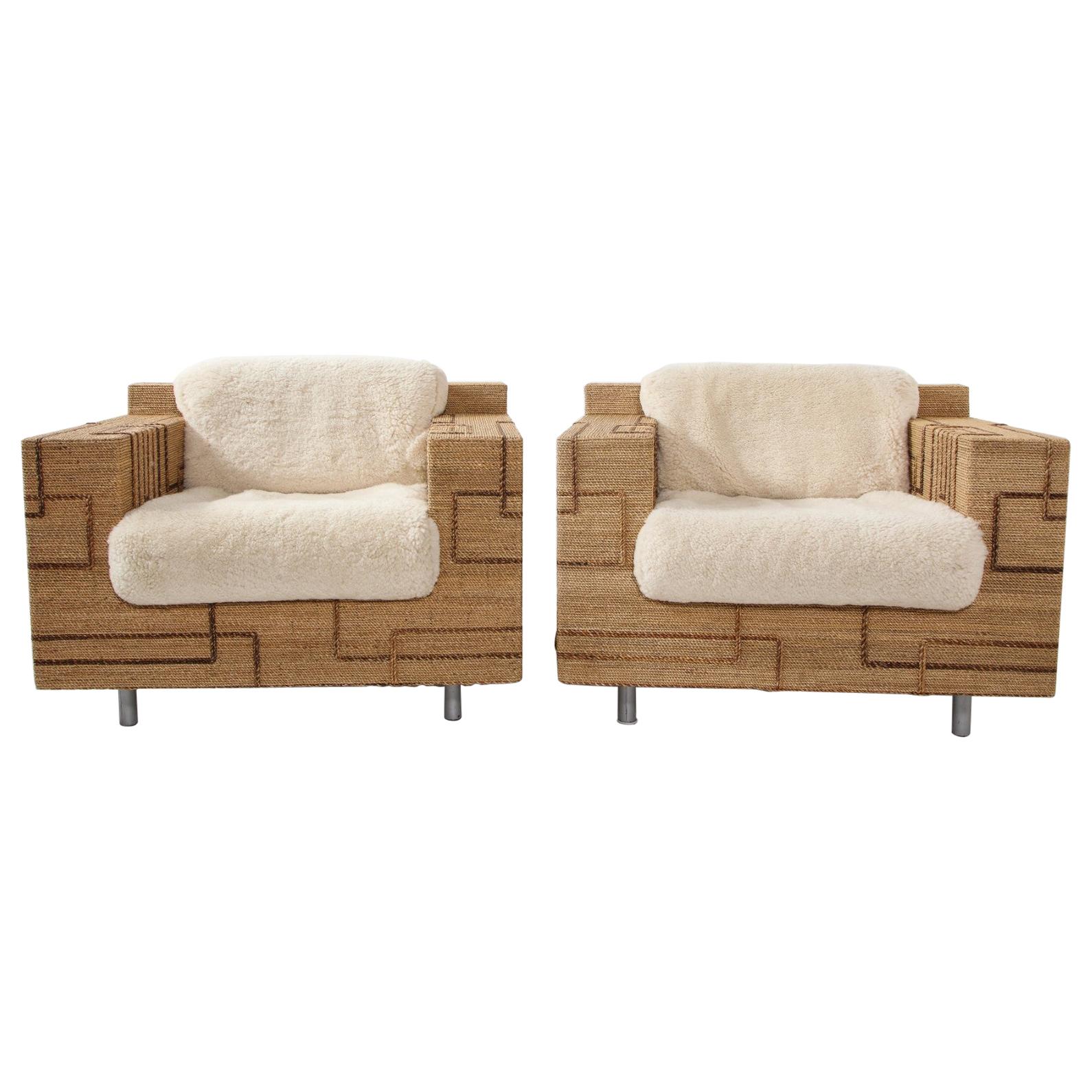 Pair of Italian 1970s Rope-Inlaid Lounge Chairs with New Shearling Cushions