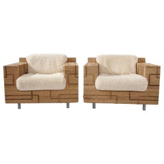 Pair of Italian 1970s Rope-Inlaid Lounge Chairs with New Shearling Cushions