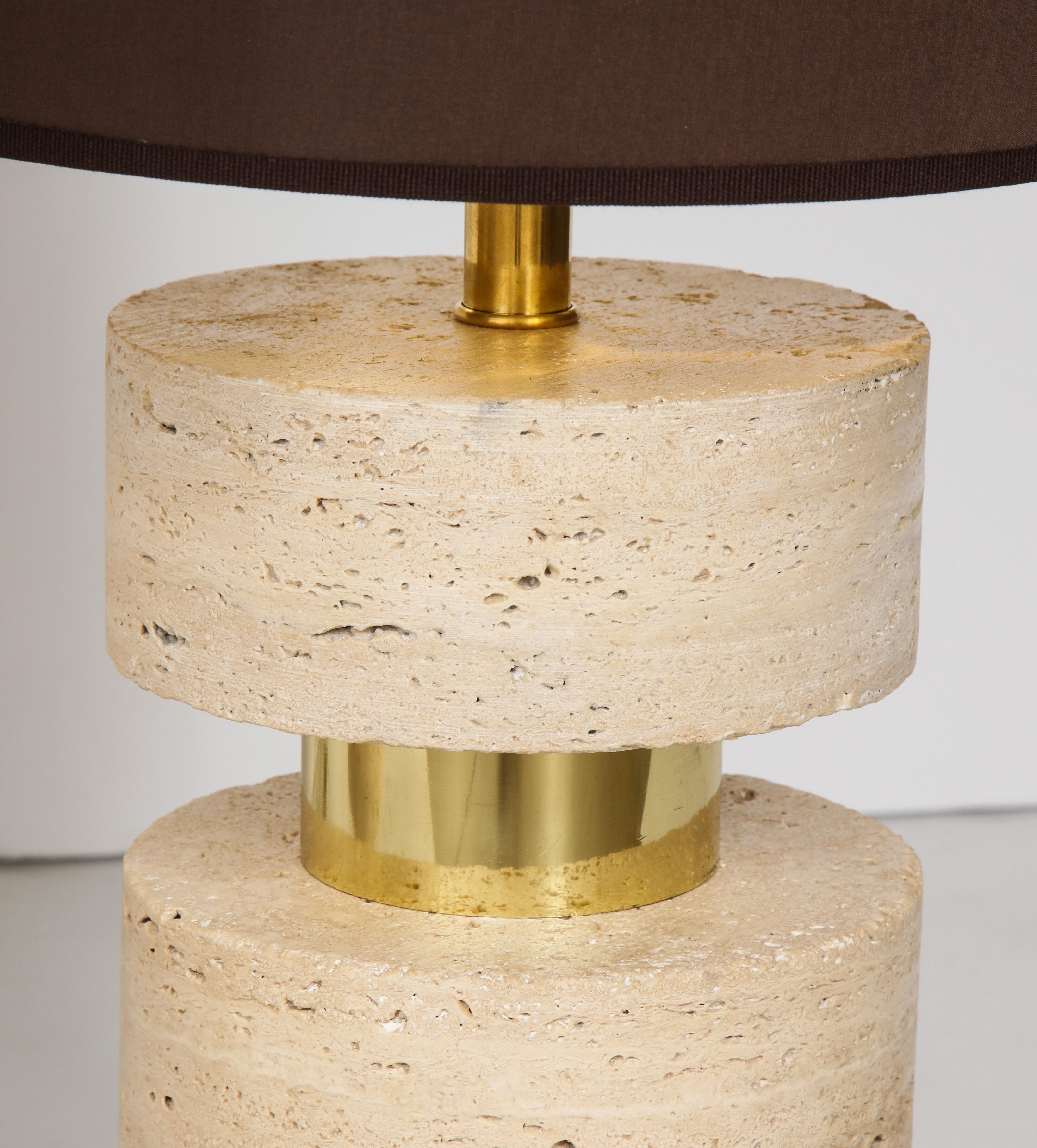 Pair of Italian 1970s Travertine and Brass Table Lamps 2
