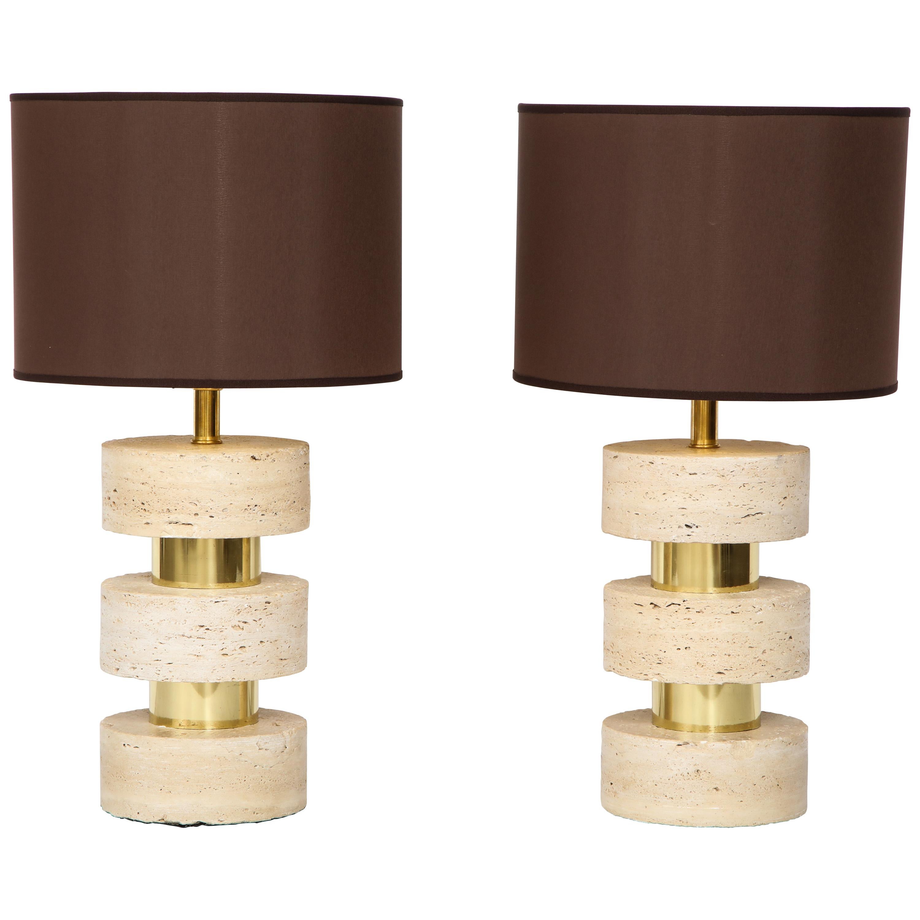 Pair of Italian 1970s Travertine and Brass Table Lamps