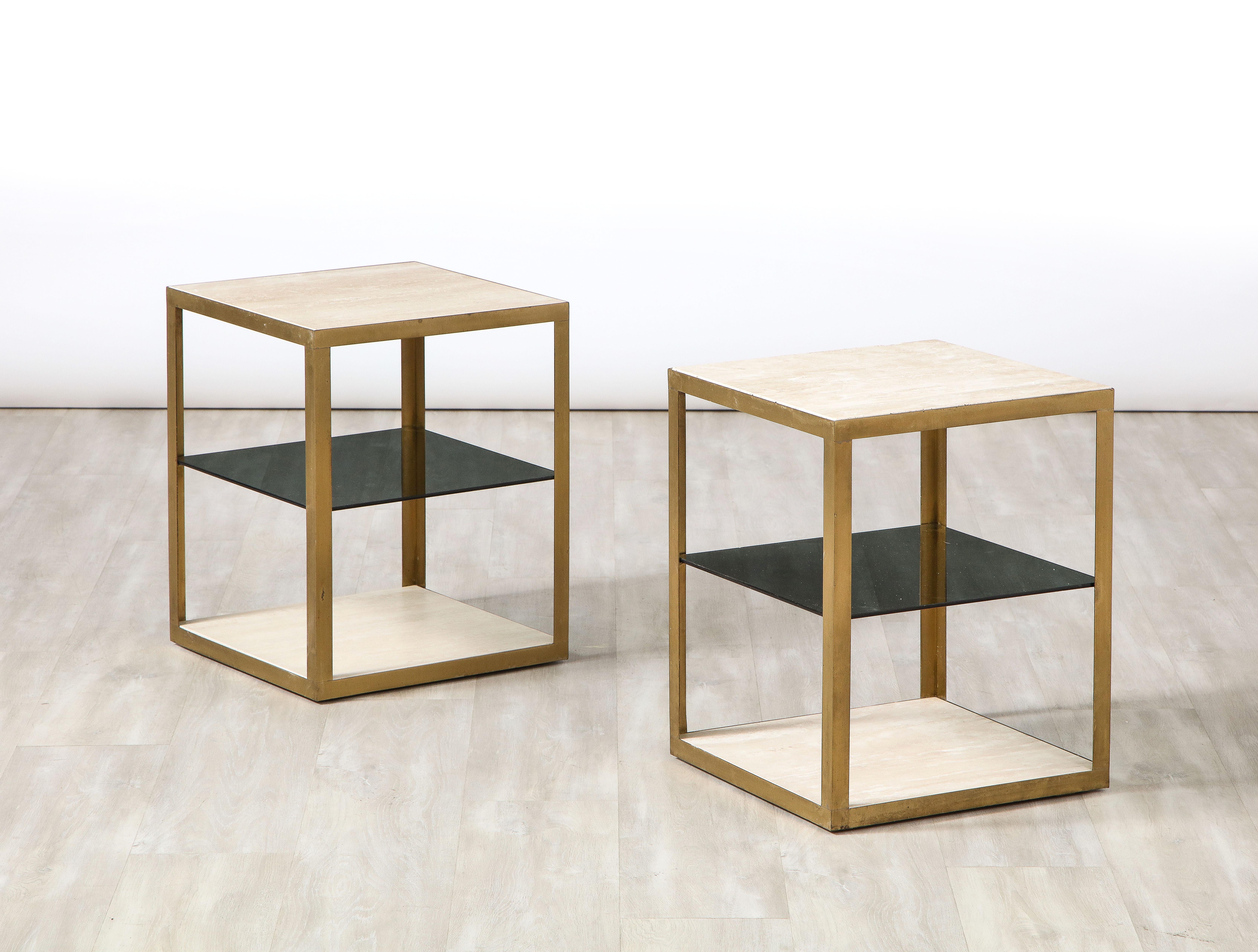 Pair of Italian 1970's Travertine and Smoked Glass Side Tables For Sale 6