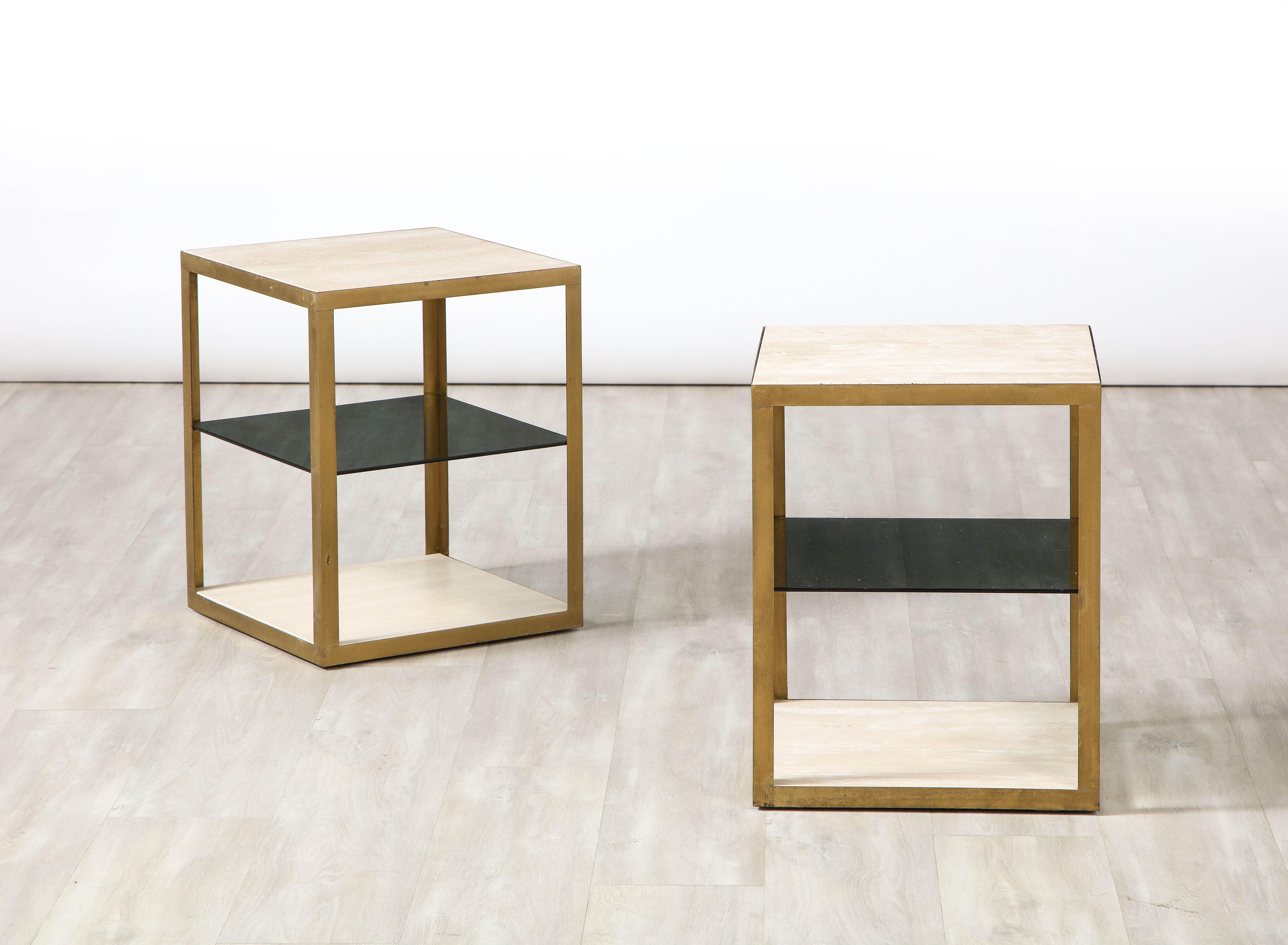 Pair of Italian 1970's Travertine and Smoked Glass Side Tables For Sale 7