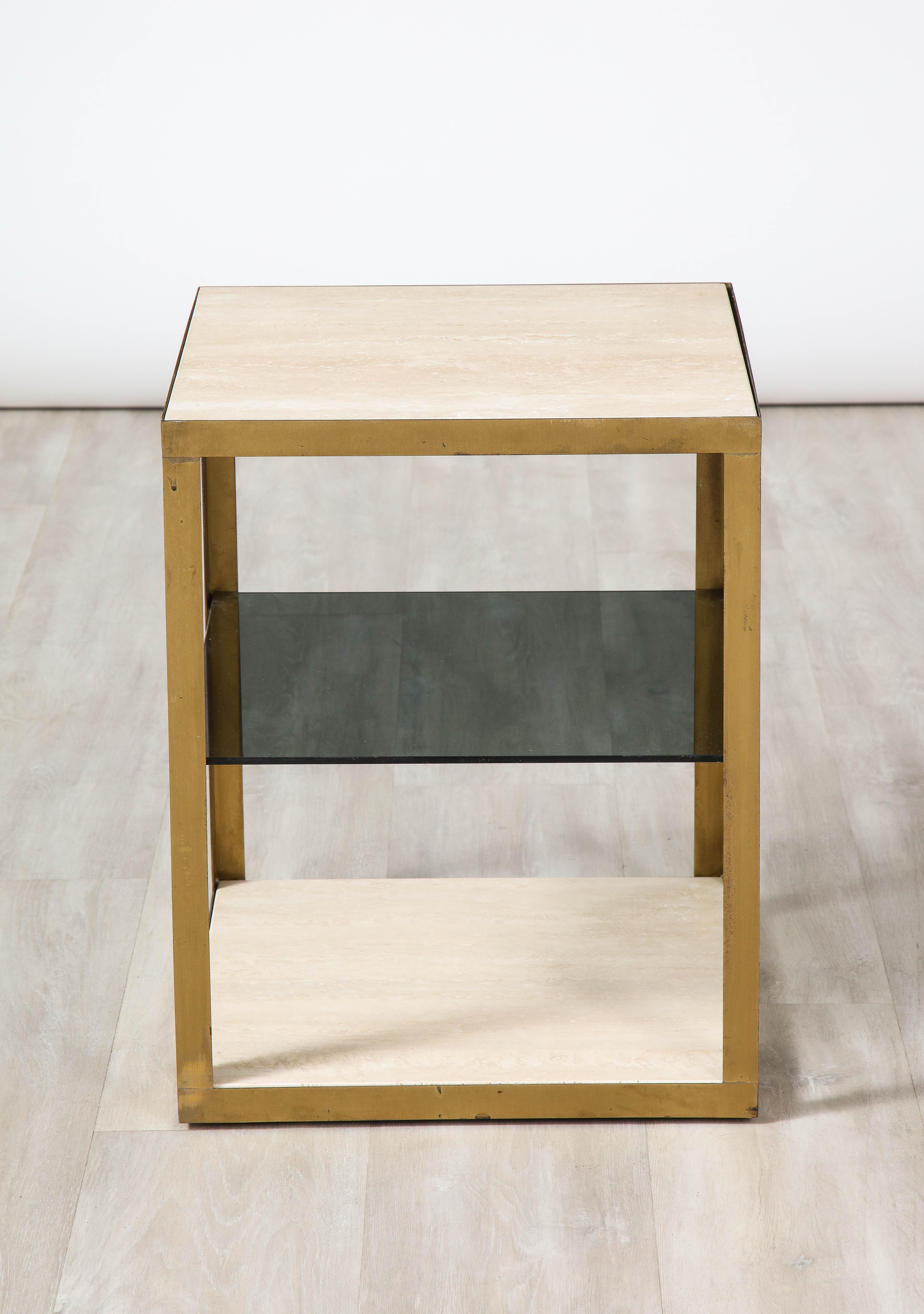 Modern Pair of Italian 1970's Travertine and Smoked Glass Side Tables For Sale