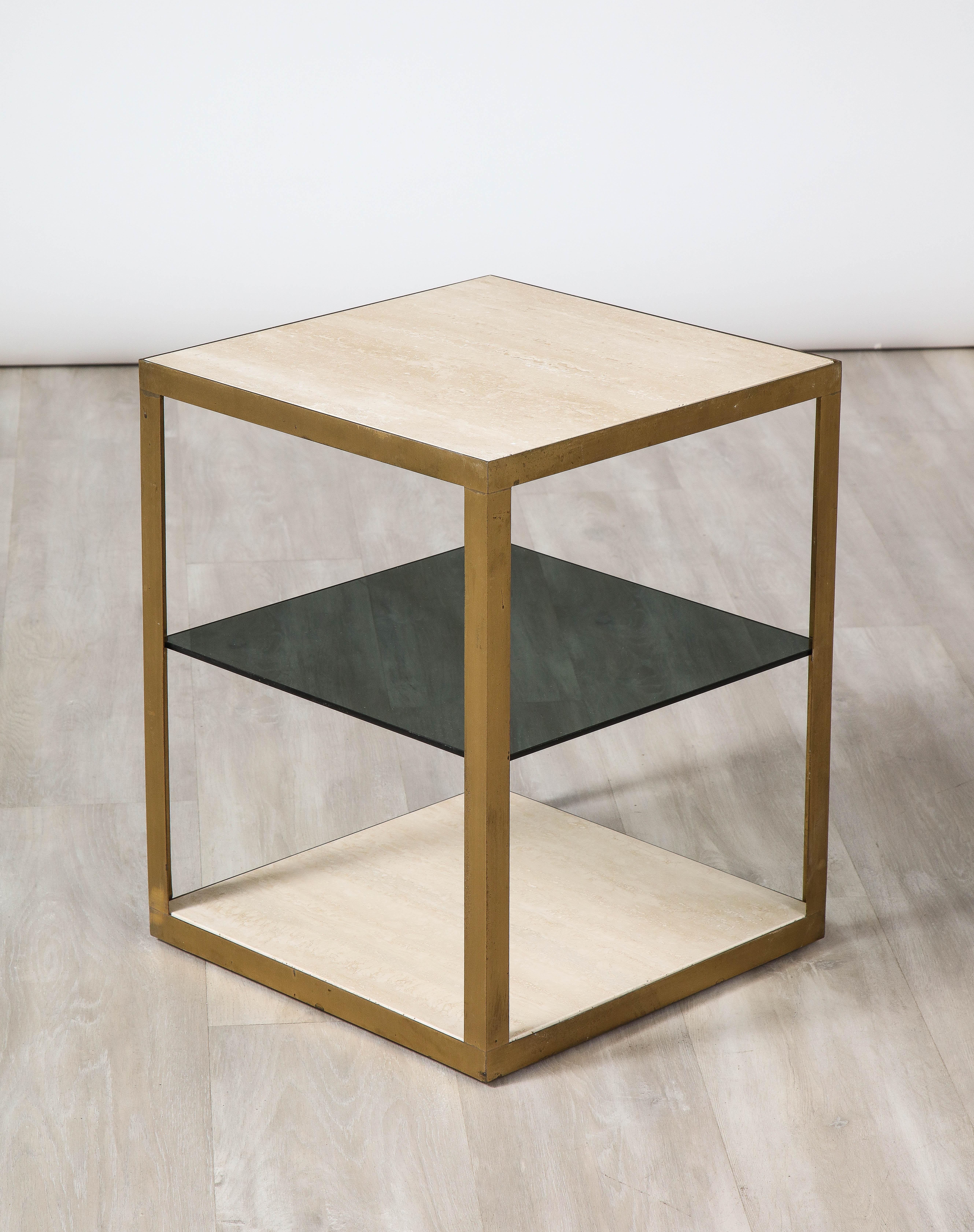 Pair of Italian 1970's Travertine and Smoked Glass Side Tables For Sale 2