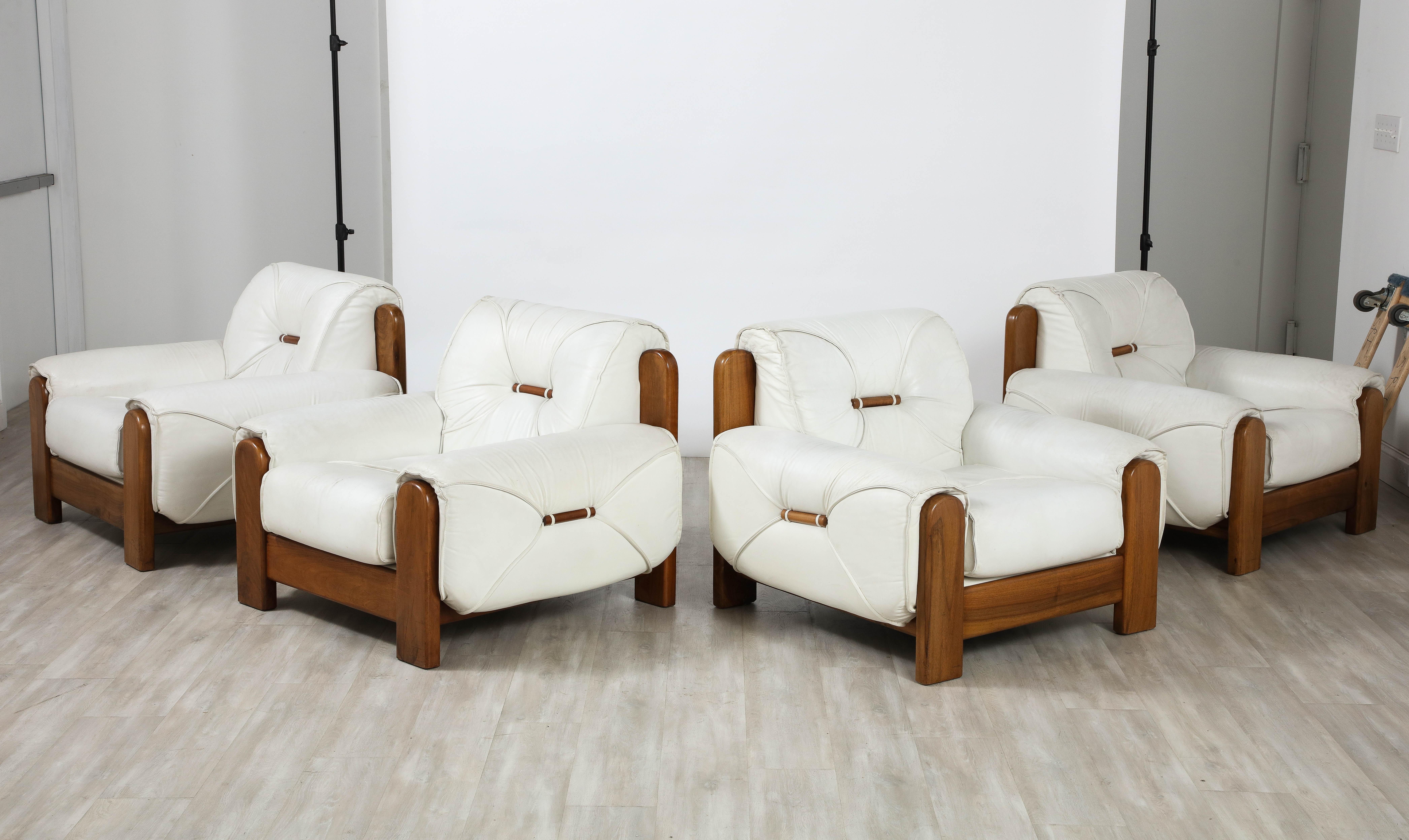 Pair of Italian 1970's Walnut and White Leather Lounge Chairs For Sale 12