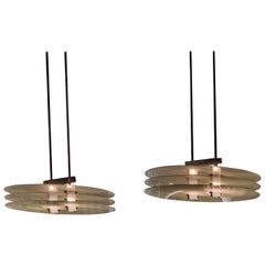 Pair of Italian 1980s 3-Tiered Glass Hanging Fixtures