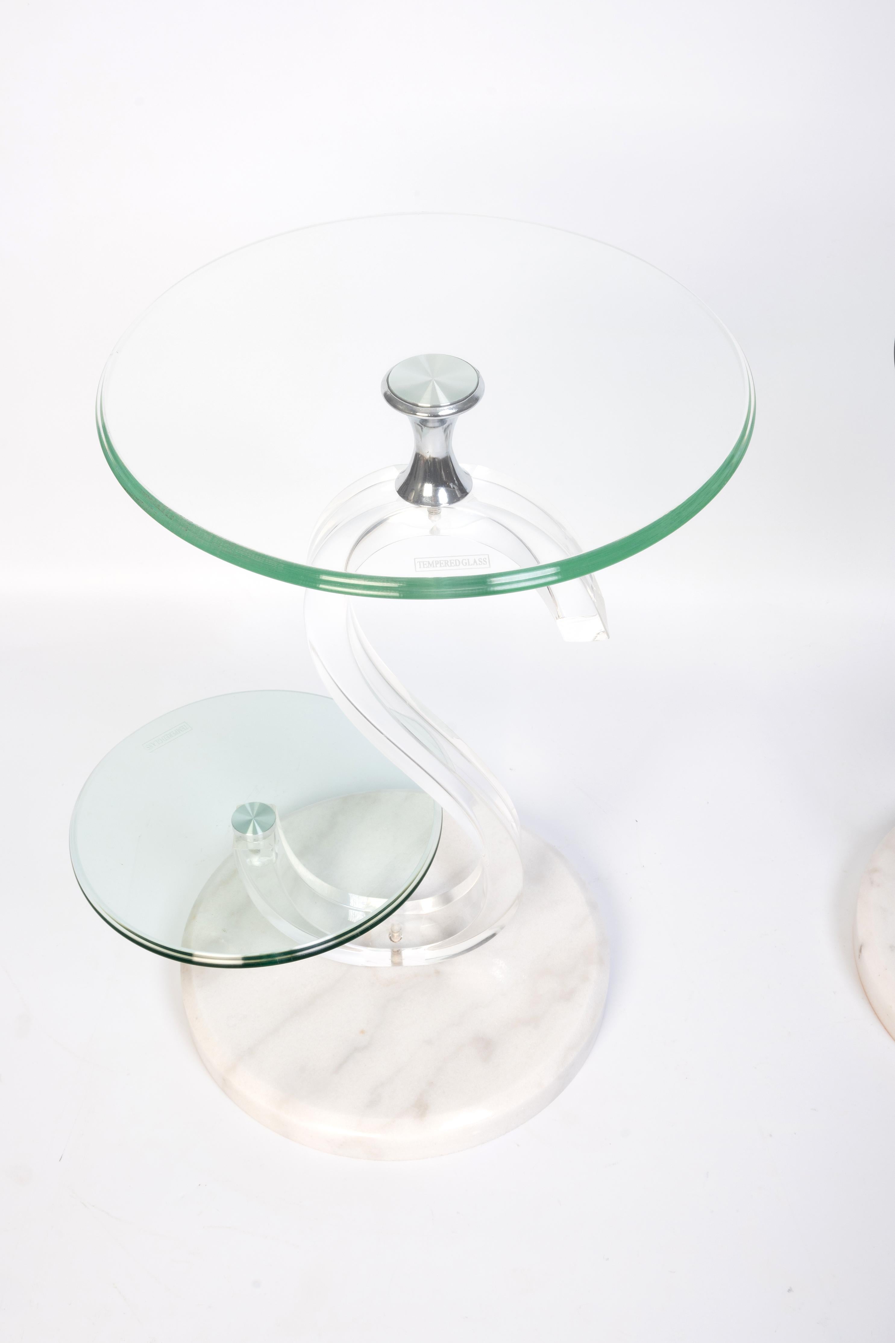 Metal Pair of Italian 1980’s Glass And marble Two-Tier Circular Side Tables For Sale