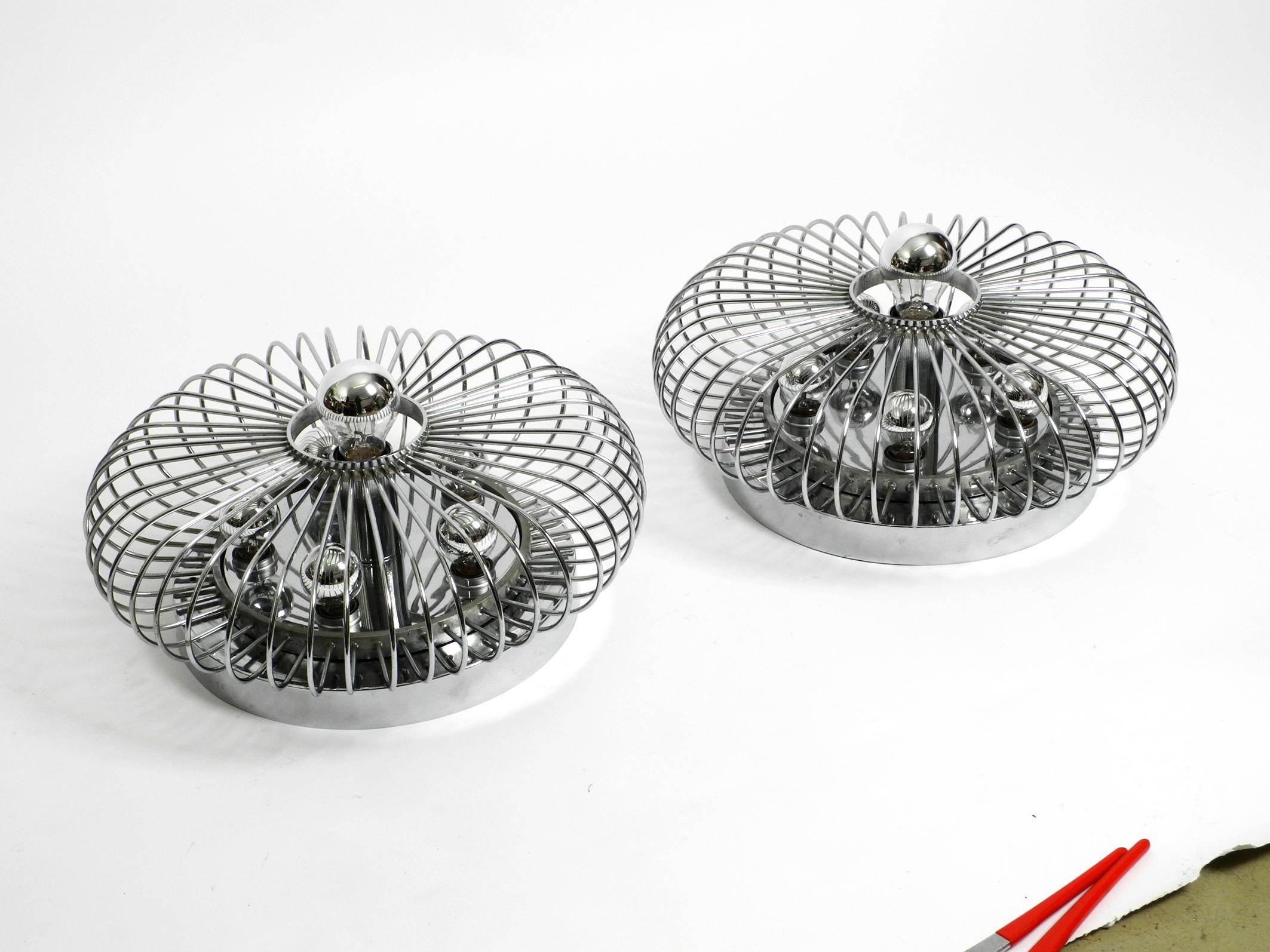 Pair of Italian 1980's Large Chromed Metal Ceiling or Wall Lamps Spiral Design 12