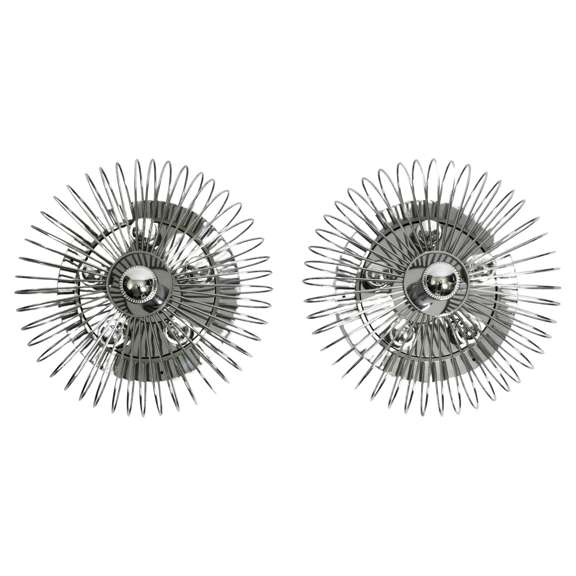 Pair of Italian 1980's Large Chromed Metal Ceiling or Wall Lamps Spiral Design