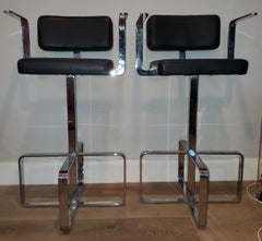 Pair of Italian 1980s Modern Contemporary Swivel Chrome Leather Bar Stools