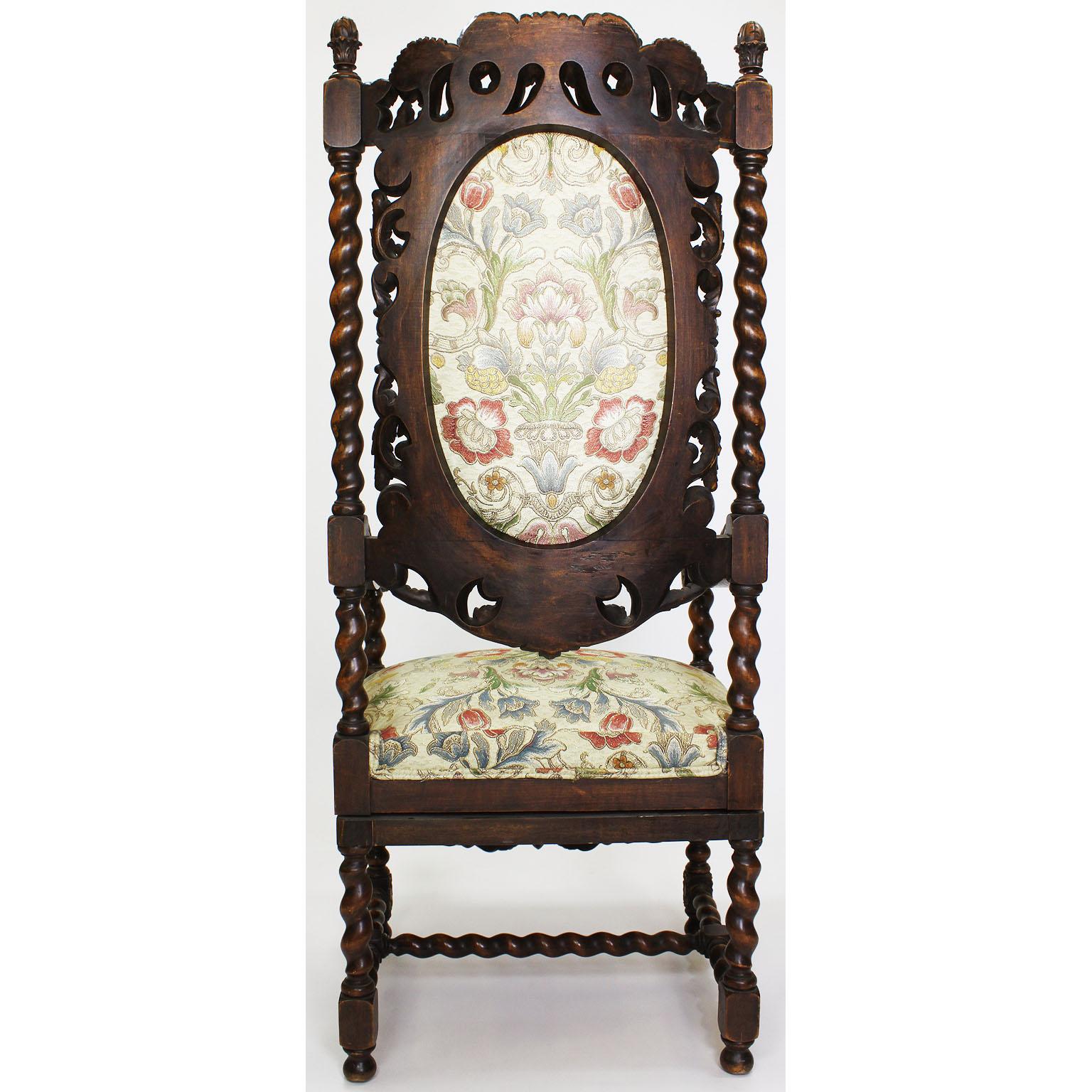 Pair of Italian 19th-20th Century Baroque Style Walnut Carved Throne Armchairs For Sale 3