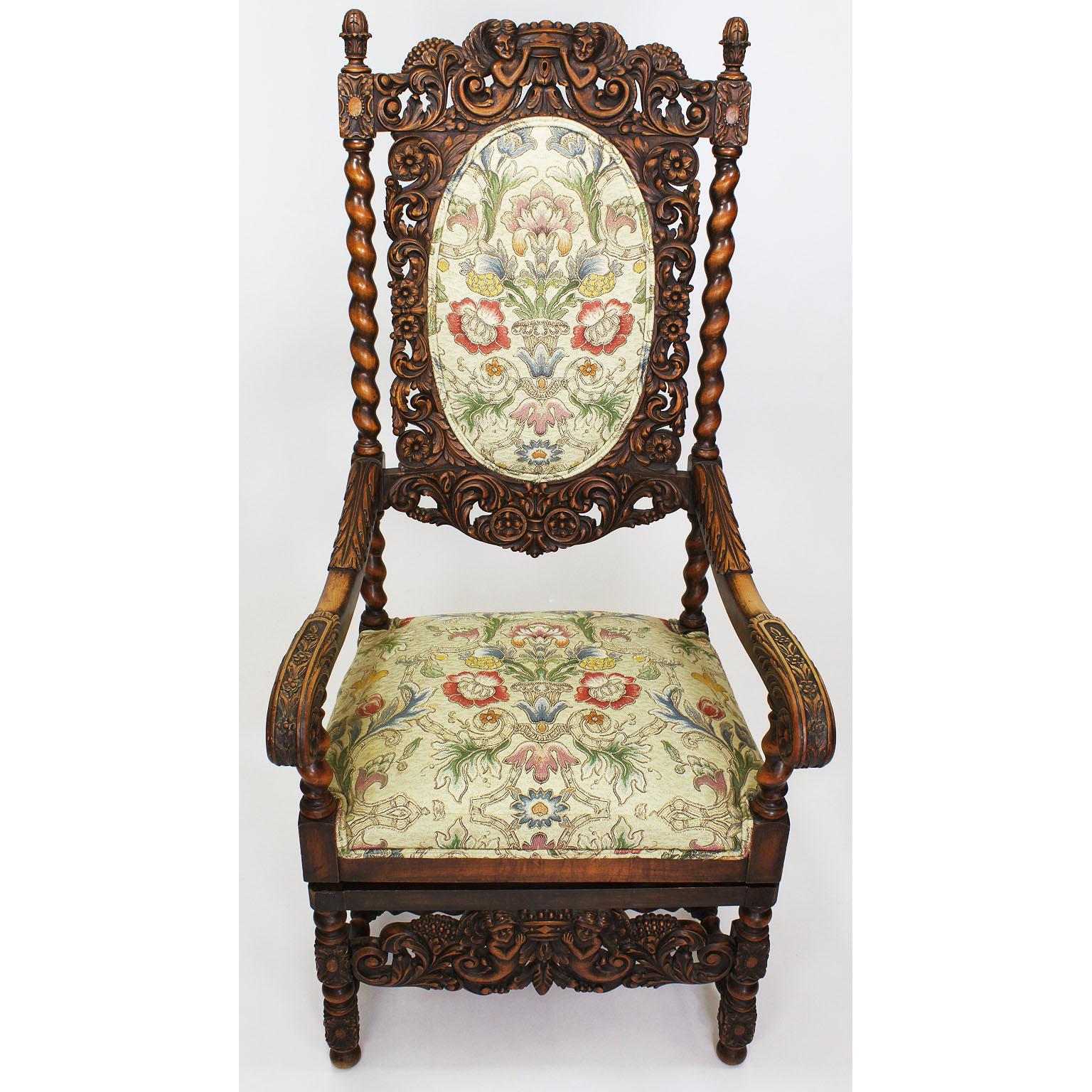 Baroque Revival Pair of Italian 19th-20th Century Baroque Style Walnut Carved Throne Armchairs For Sale