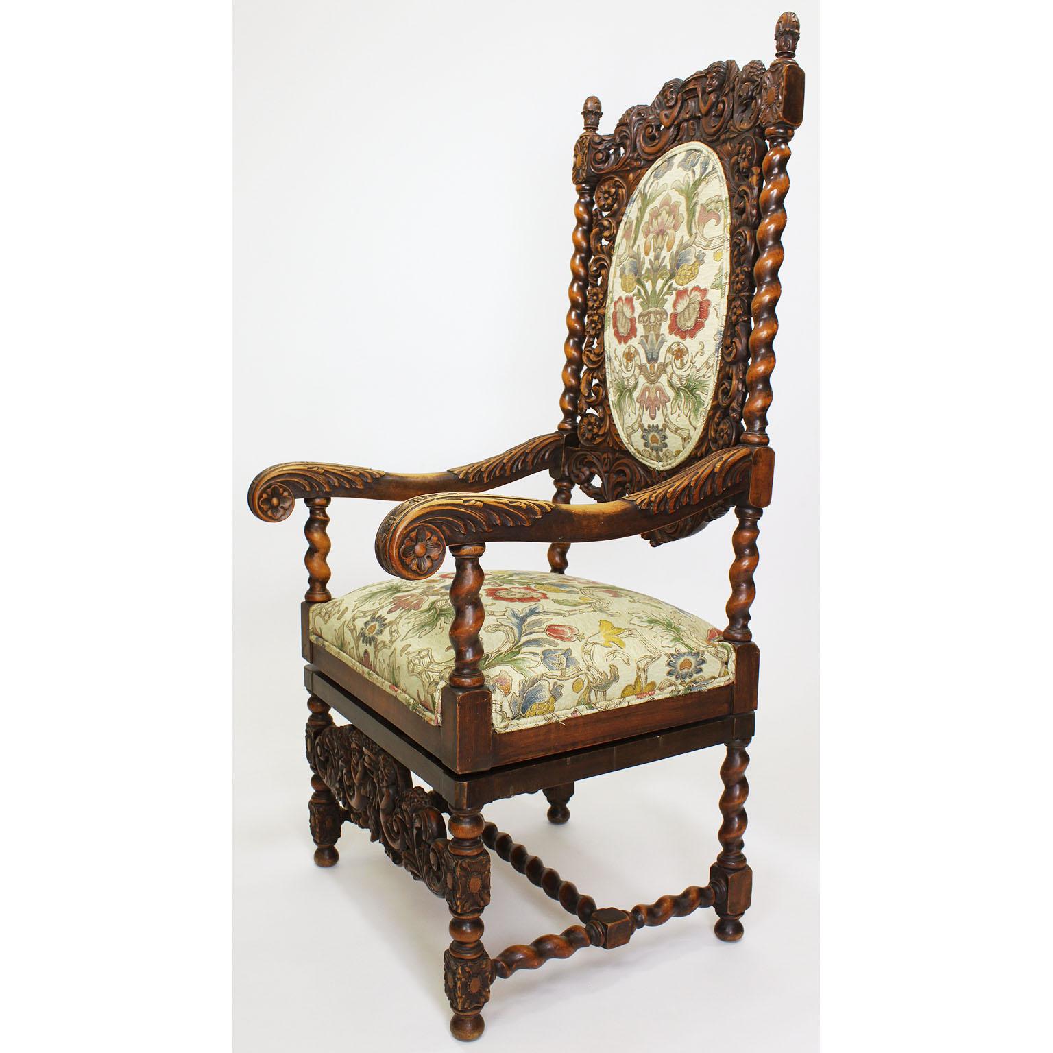 Hand-Carved Pair of Italian 19th-20th Century Baroque Style Walnut Carved Throne Armchairs For Sale