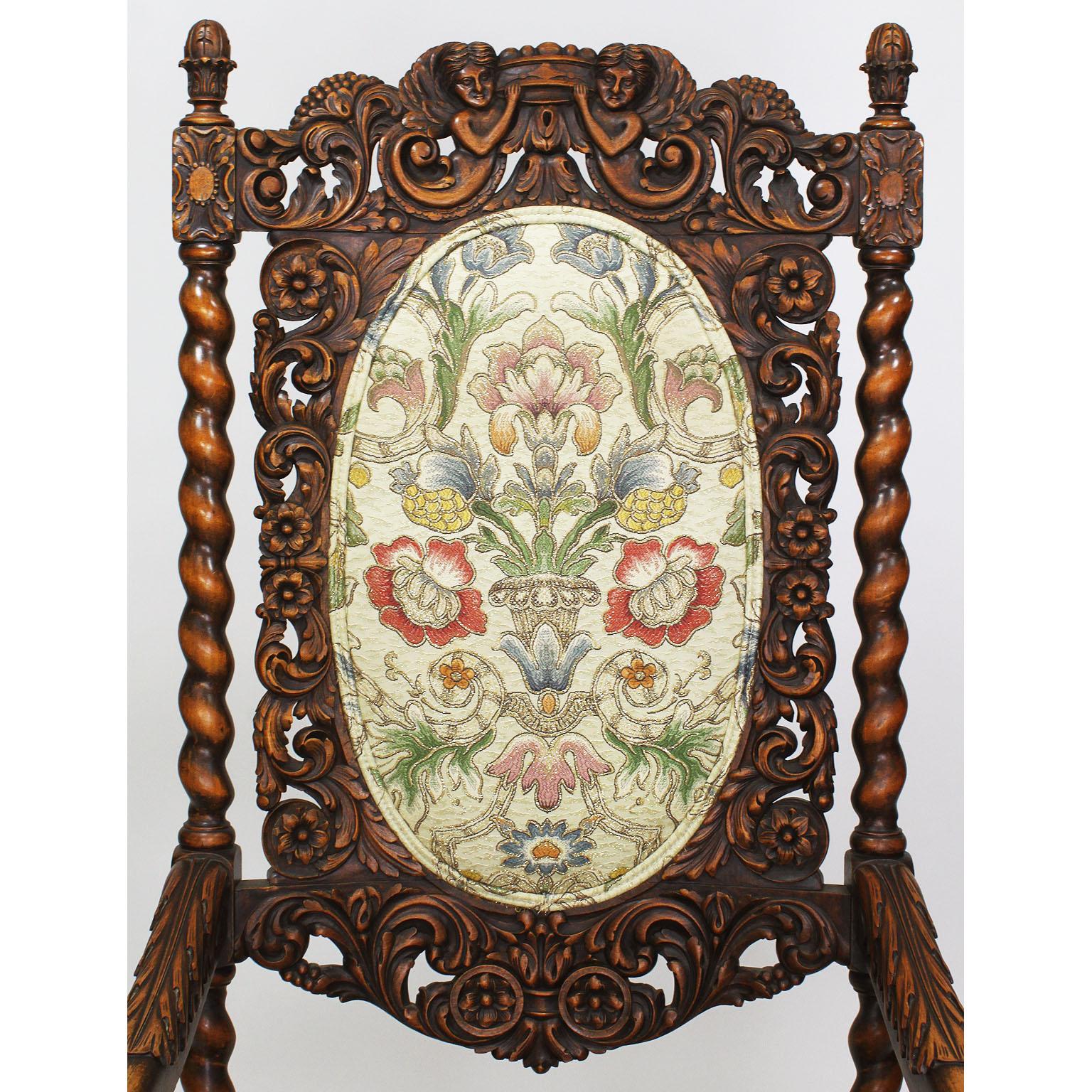 Pair of Italian 19th-20th Century Baroque Style Walnut Carved Throne Armchairs In Good Condition For Sale In Los Angeles, CA