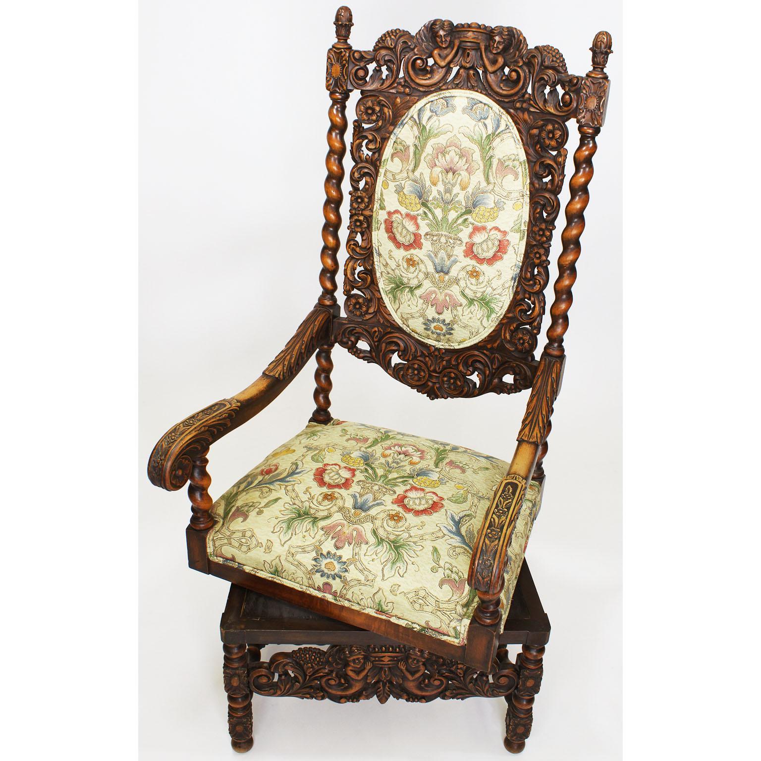 Early 20th Century Pair of Italian 19th-20th Century Baroque Style Walnut Carved Throne Armchairs For Sale