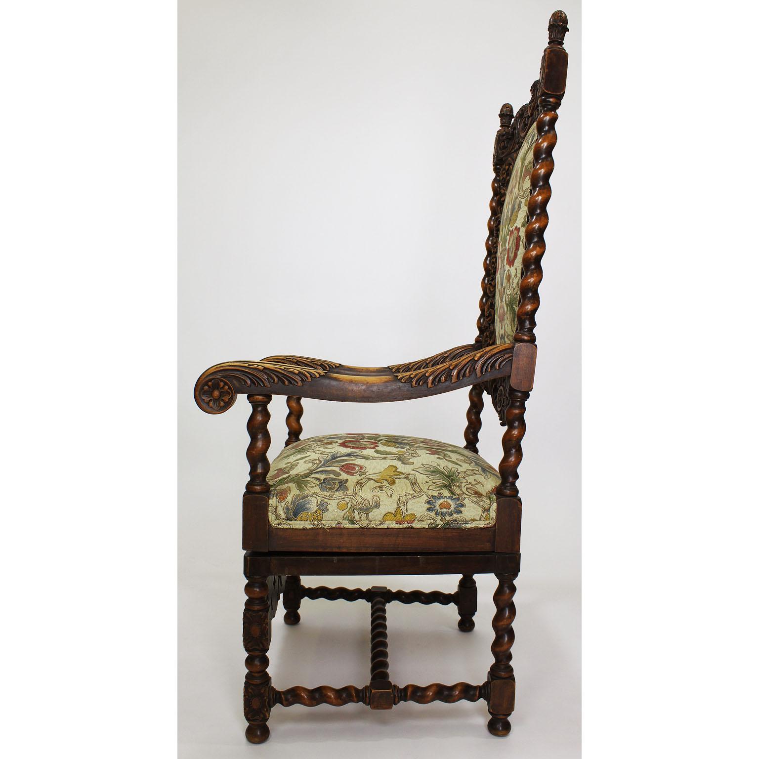 Pair of Italian 19th-20th Century Baroque Style Walnut Carved Throne Armchairs For Sale 2