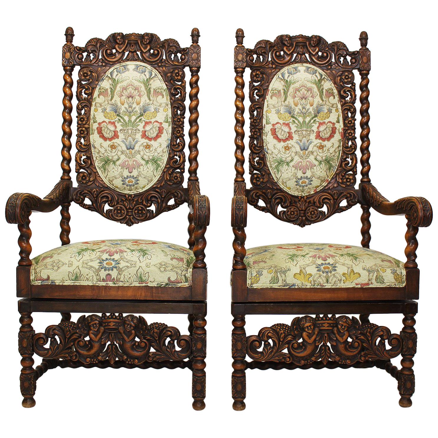 Pair of Italian 19th-20th Century Baroque Style Walnut Carved Throne Armchairs