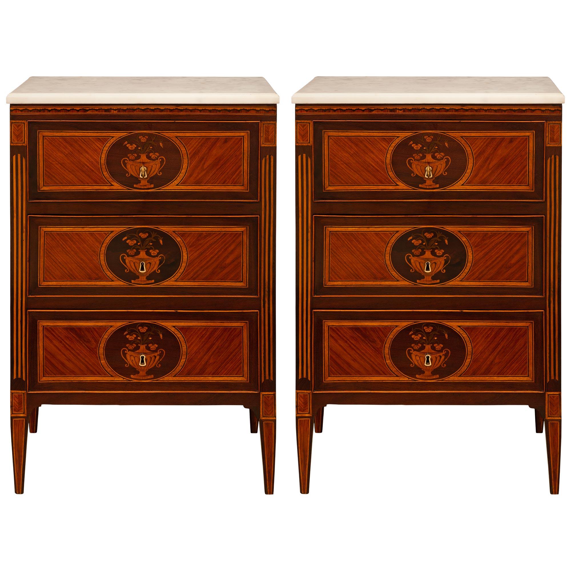 Pair Of Italian 19th c. Louis XVI St. Tulipwood, Fruitwood, & Mahogany Commodes For Sale 4