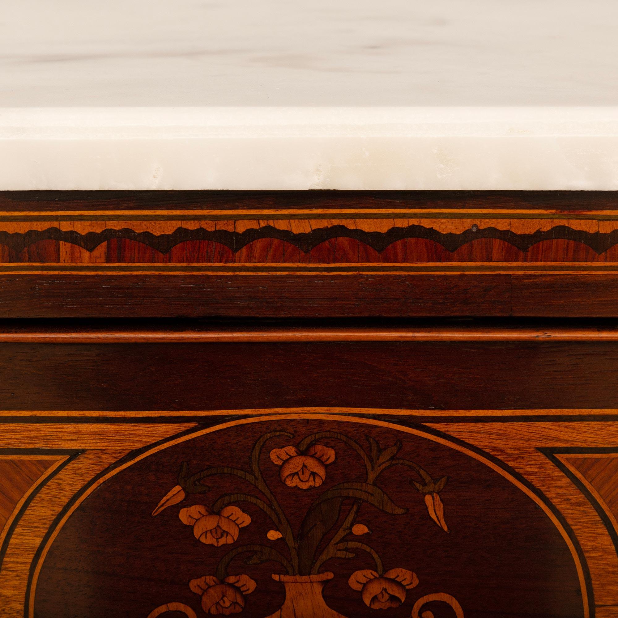 Marble Pair Of Italian 19th c. Louis XVI St. Tulipwood, Fruitwood, & Mahogany Commodes For Sale