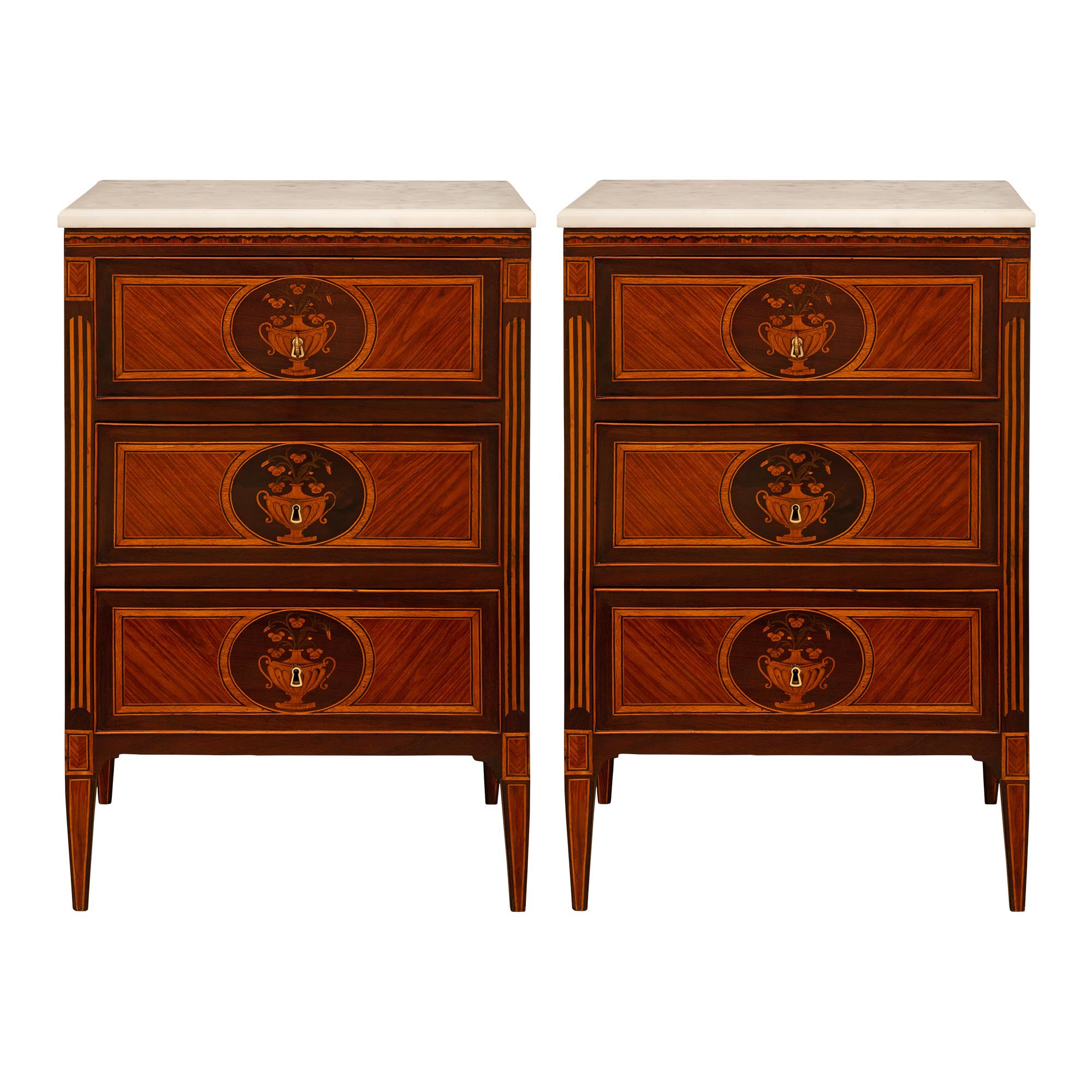 Pair Of Italian 19th c. Louis XVI St. Tulipwood, Fruitwood, & Mahogany Commodes