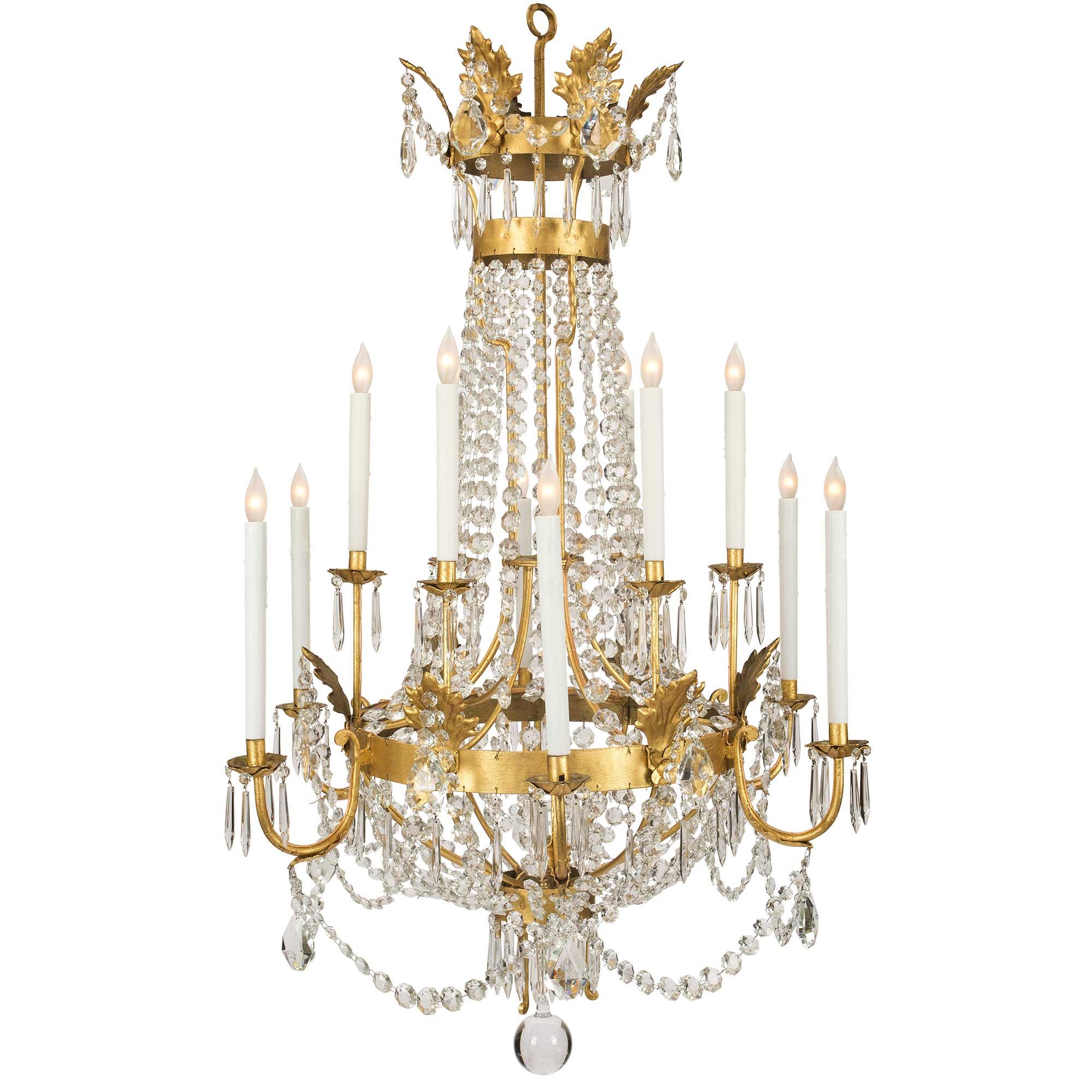 Pair of Italian 19th Century Baccarat Crystal and Gilt Iron Chandeliers For Sale 1