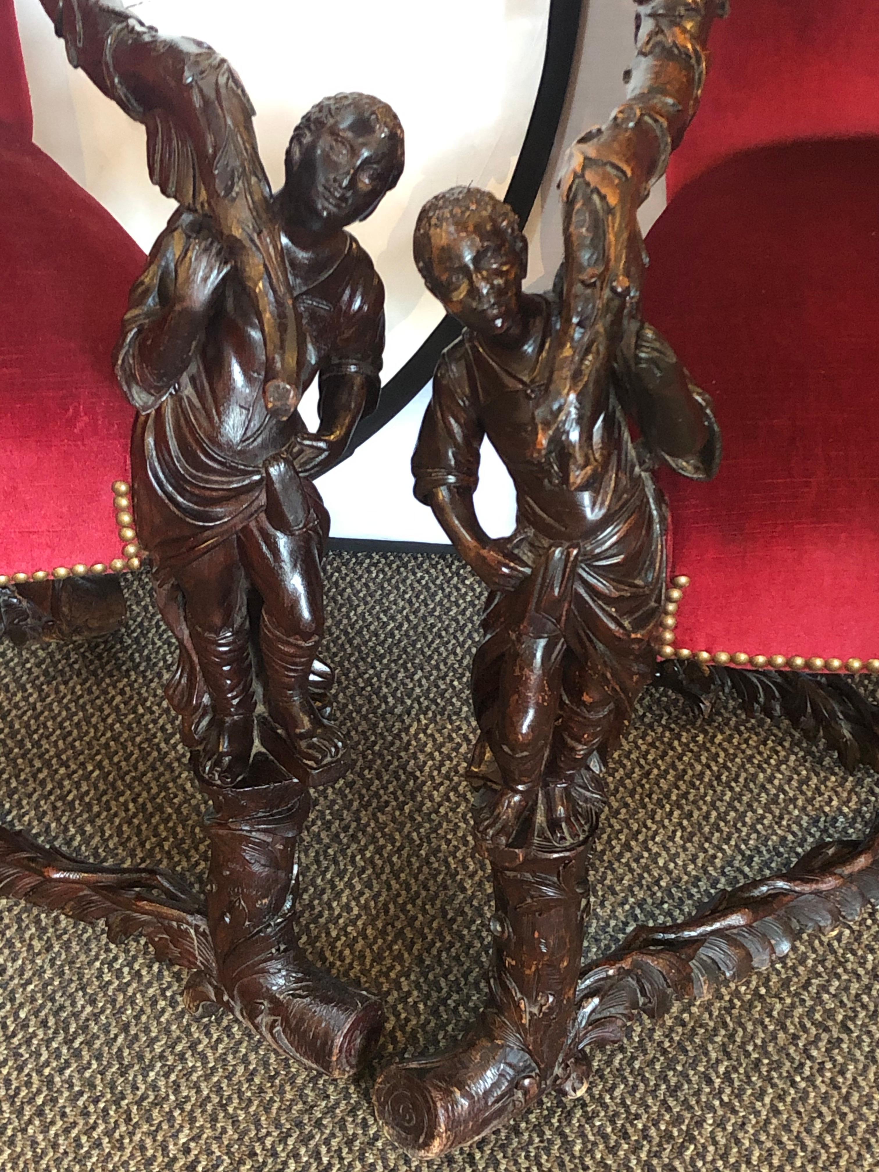 Pair of Italian 19th Century Baroque Carved Arm Throne Chairs, Figural Carvings For Sale 3