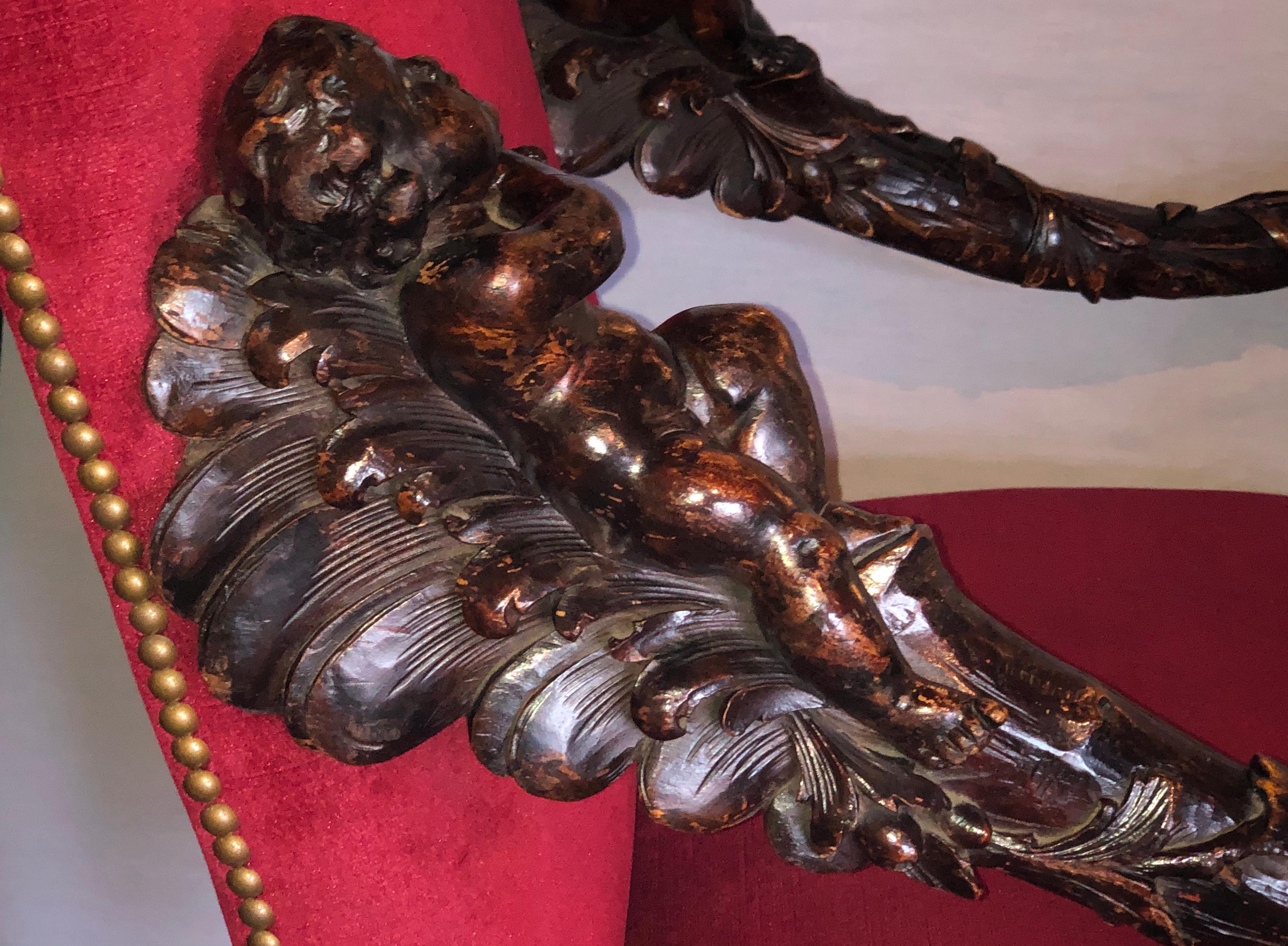 Pair of Italian 19th Century Baroque Carved Arm Throne Chairs, Figural Carvings For Sale 7