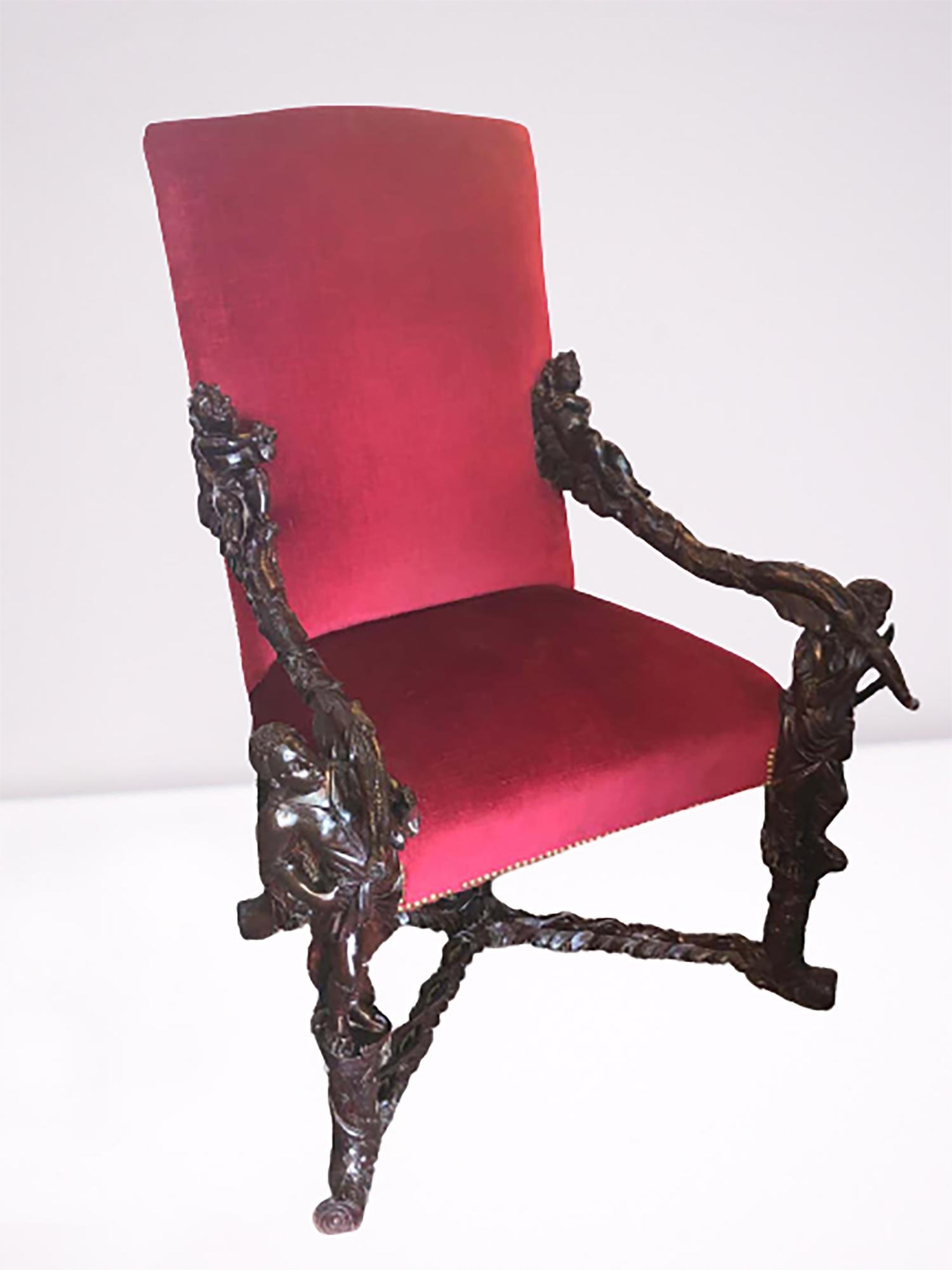 Paire de fauteuils trône baroques italiens du 19e siècle, sculptés et à accoudoirs. La paire avec des sculptures figuratives et des putti endormis sur des lits de feuilles, attribuée à Valentino Panciera Besarel (Venise, 1829-1902) à la manière